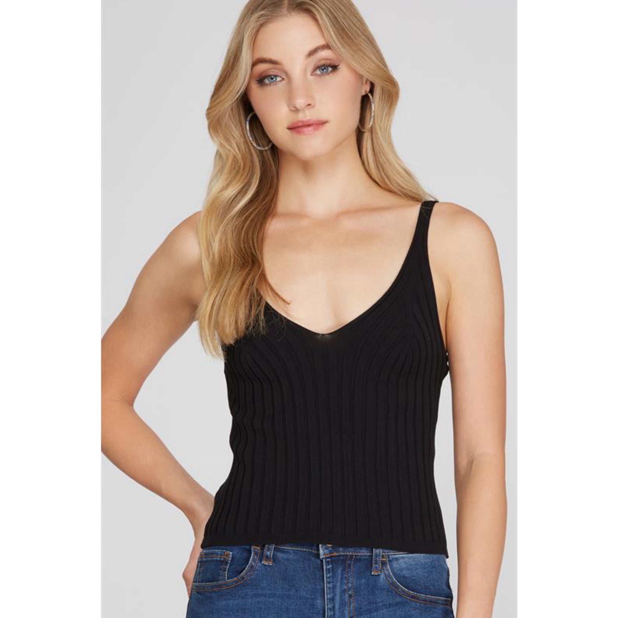 She + Sky Ribbed Knit Lightweight Sweater Tank Top V Neck