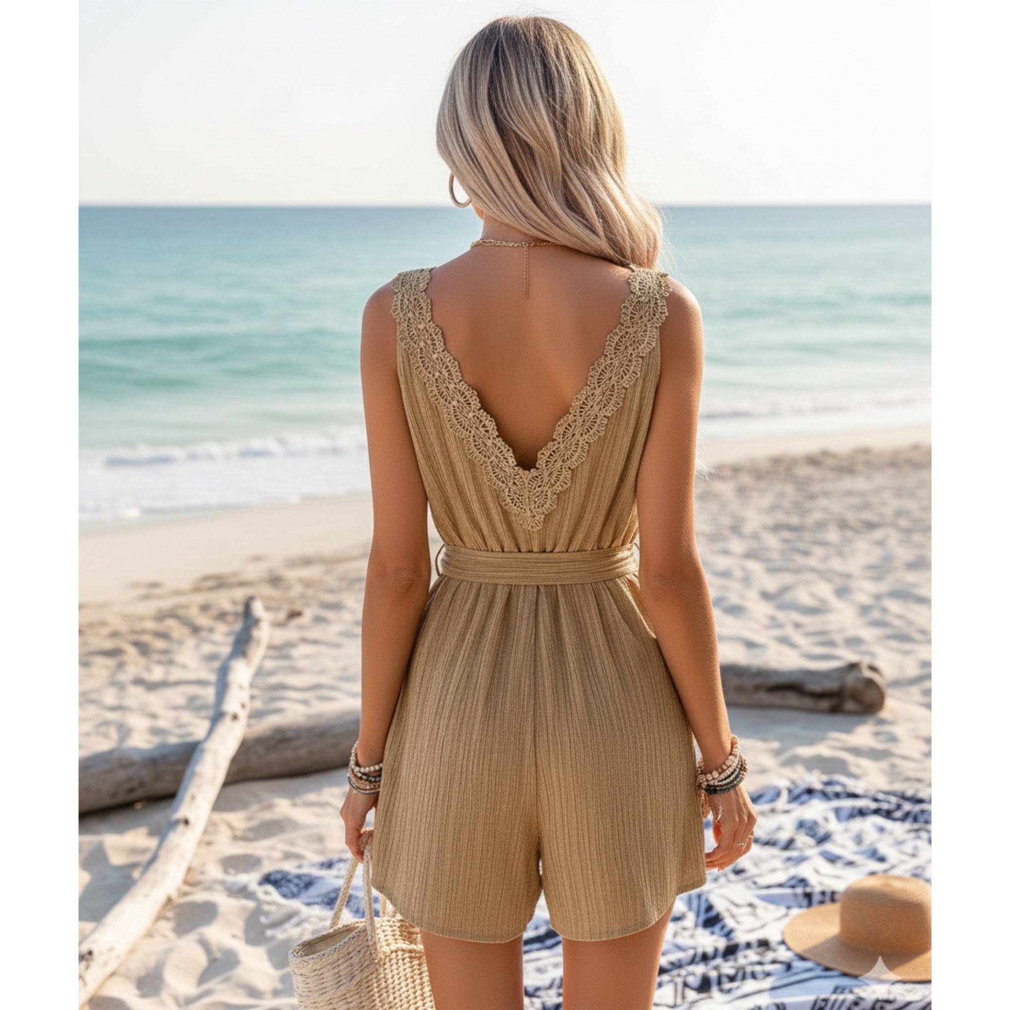Beach Resort Shorts Romper Crochet Sleeveless V Neck in Beige