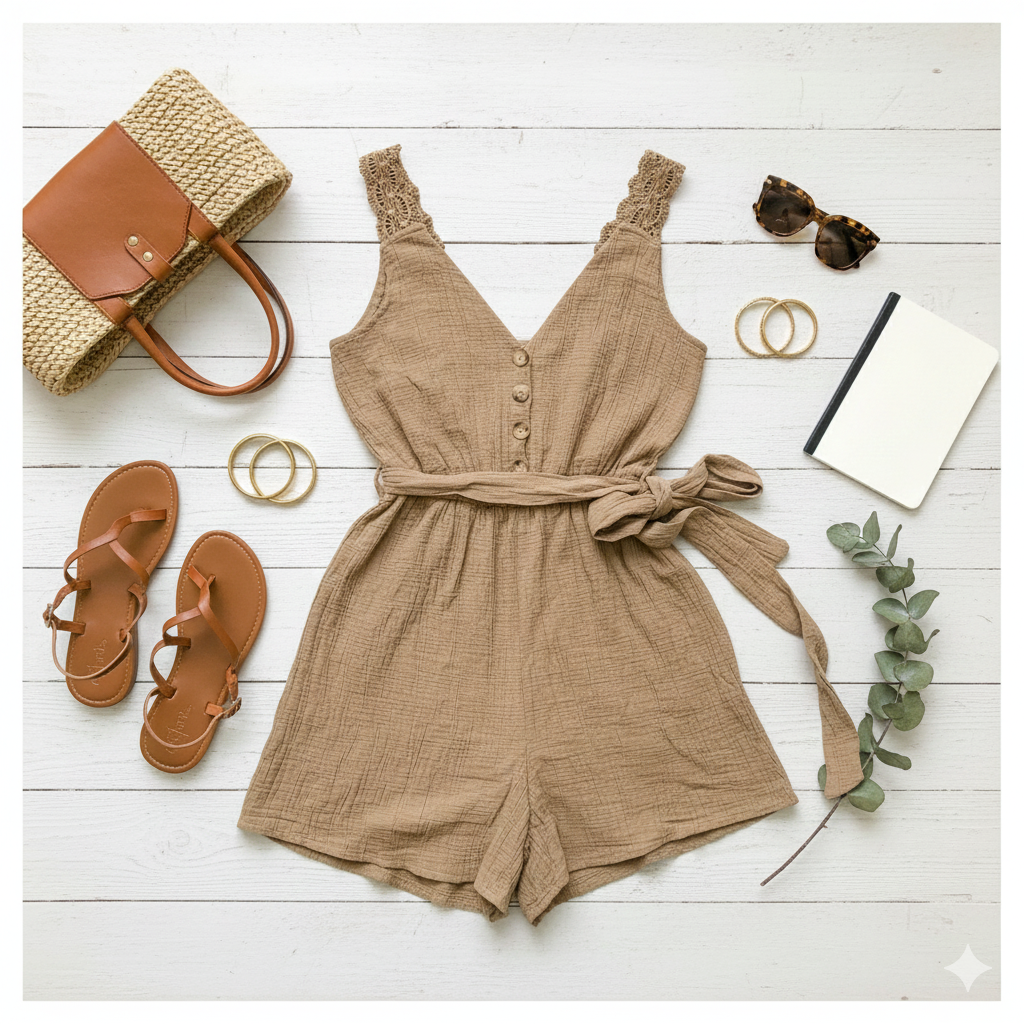 Beach Resort Shorts Romper Crochet Sleeveless V Neck in Beige