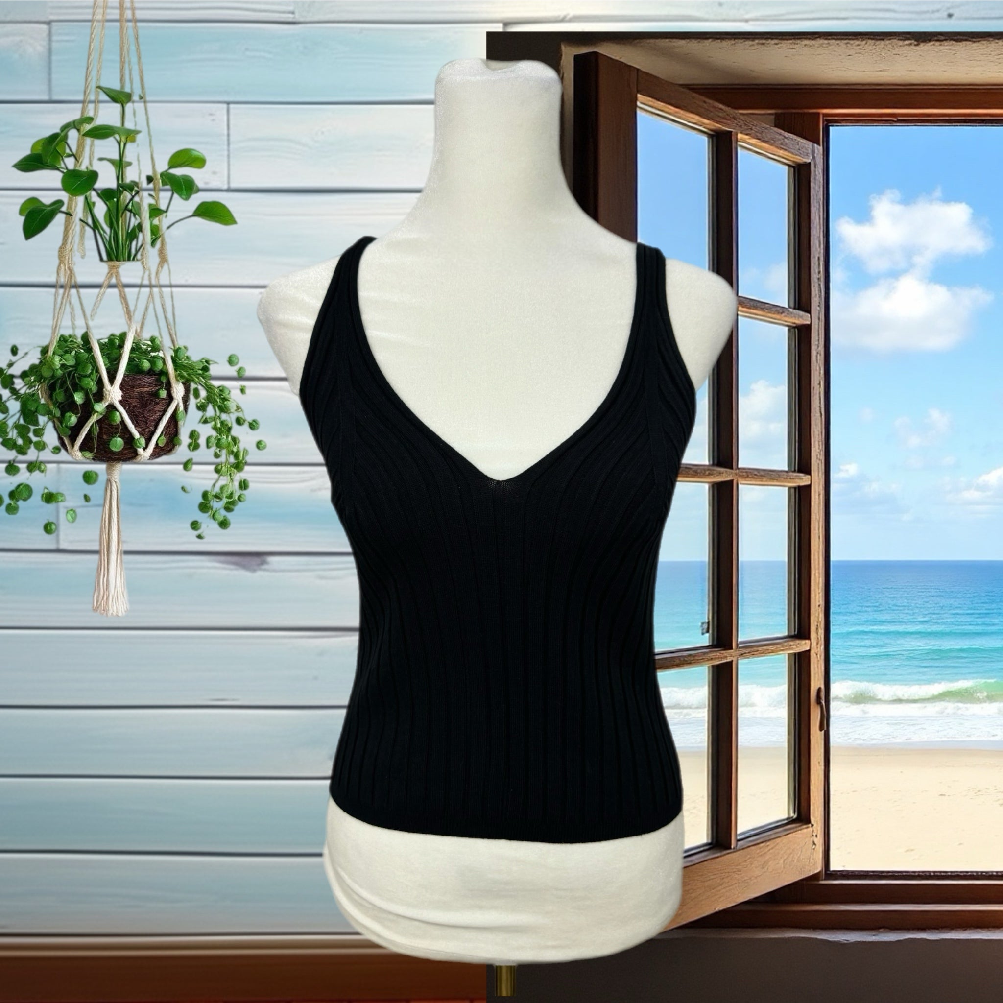 She + Sky Ribbed Knit Lightweight Sweater Tank Top V Neck