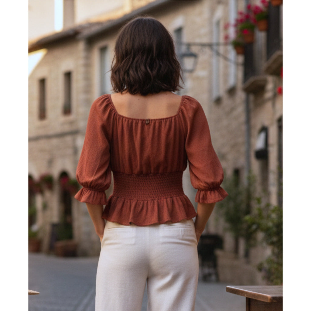 Burnt Orange Boho Blouse Button Accent Cinched Waist Knit Top