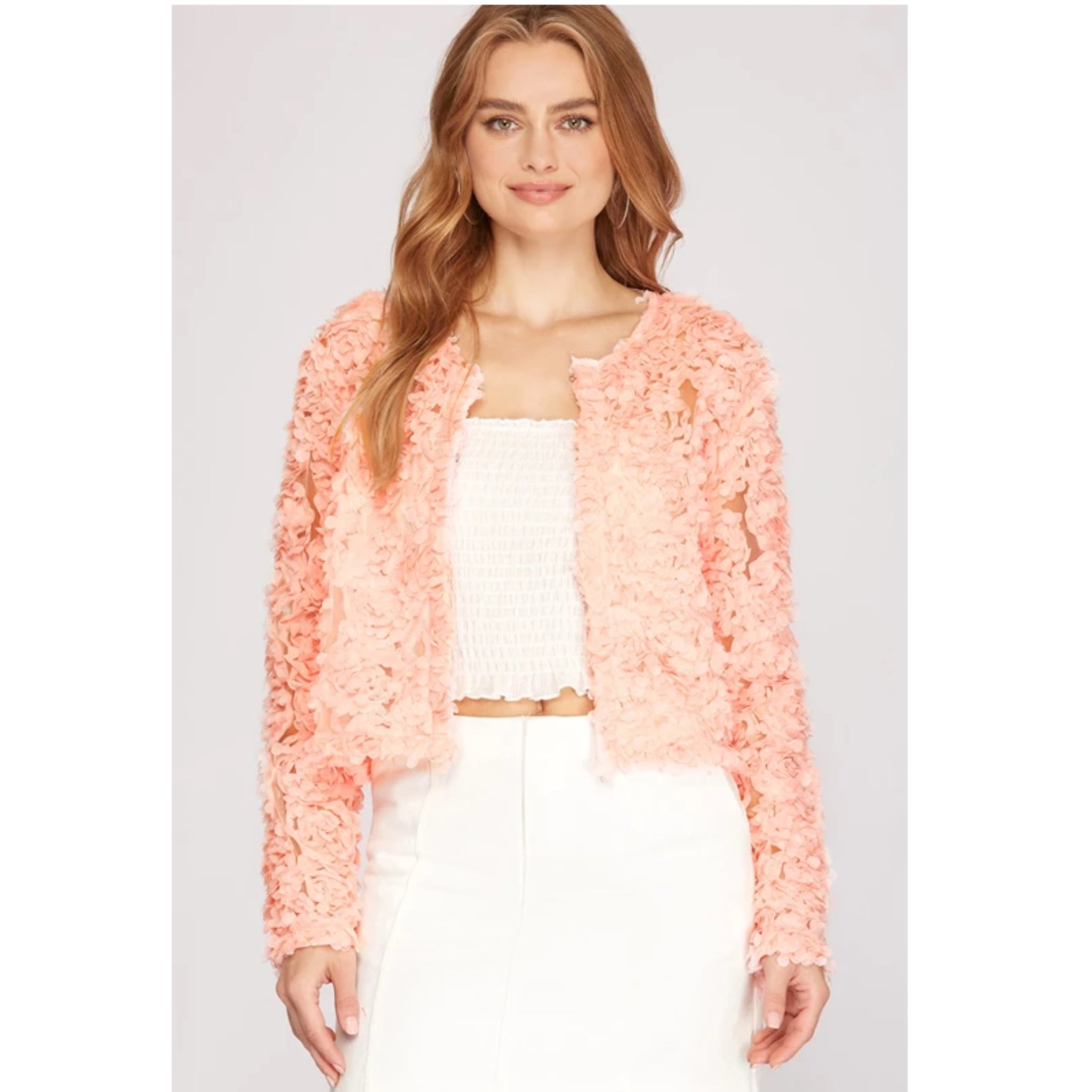 She + Sky Long Sleeve 3D Mesh Short Jacket Cardigan Flower appliqué in Pink