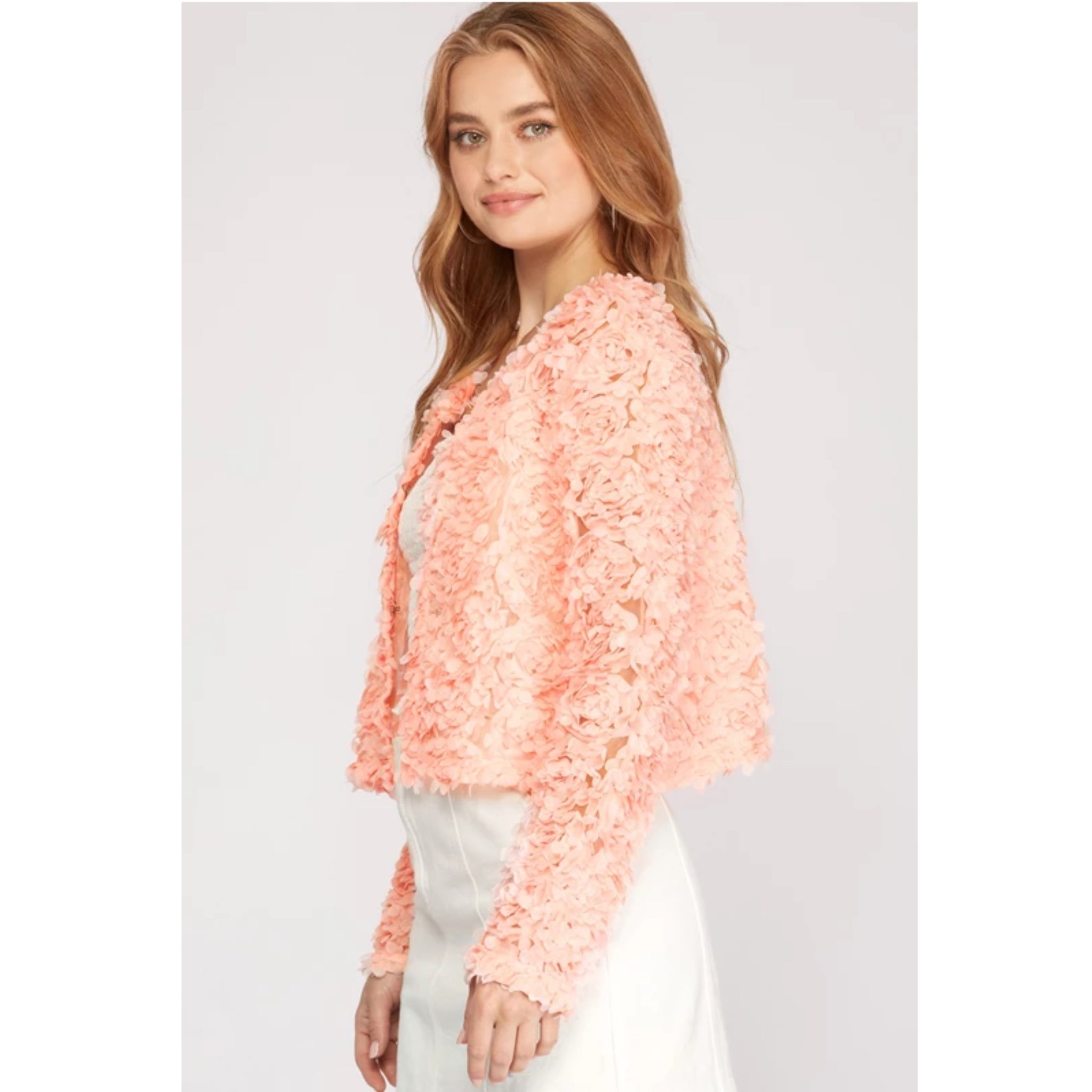She + Sky Long Sleeve 3D Mesh Short Jacket Cardigan Flower appliqué in Pink
