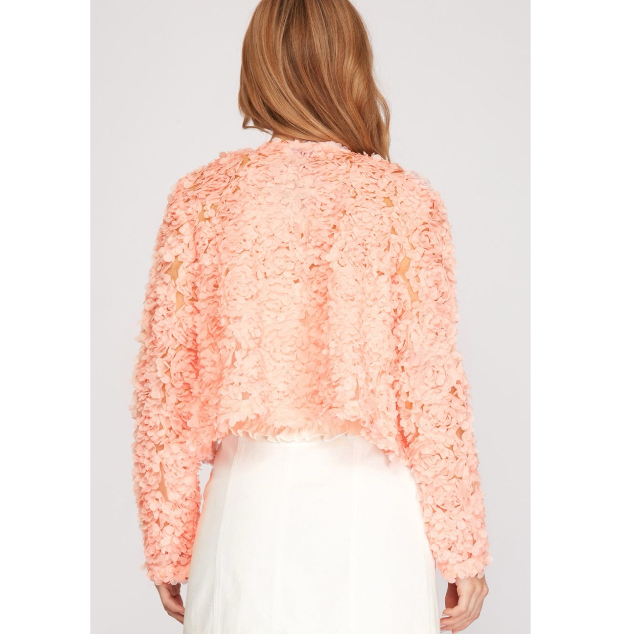 She + Sky Long Sleeve 3D Mesh Short Jacket Cardigan Flower appliqué in Pink