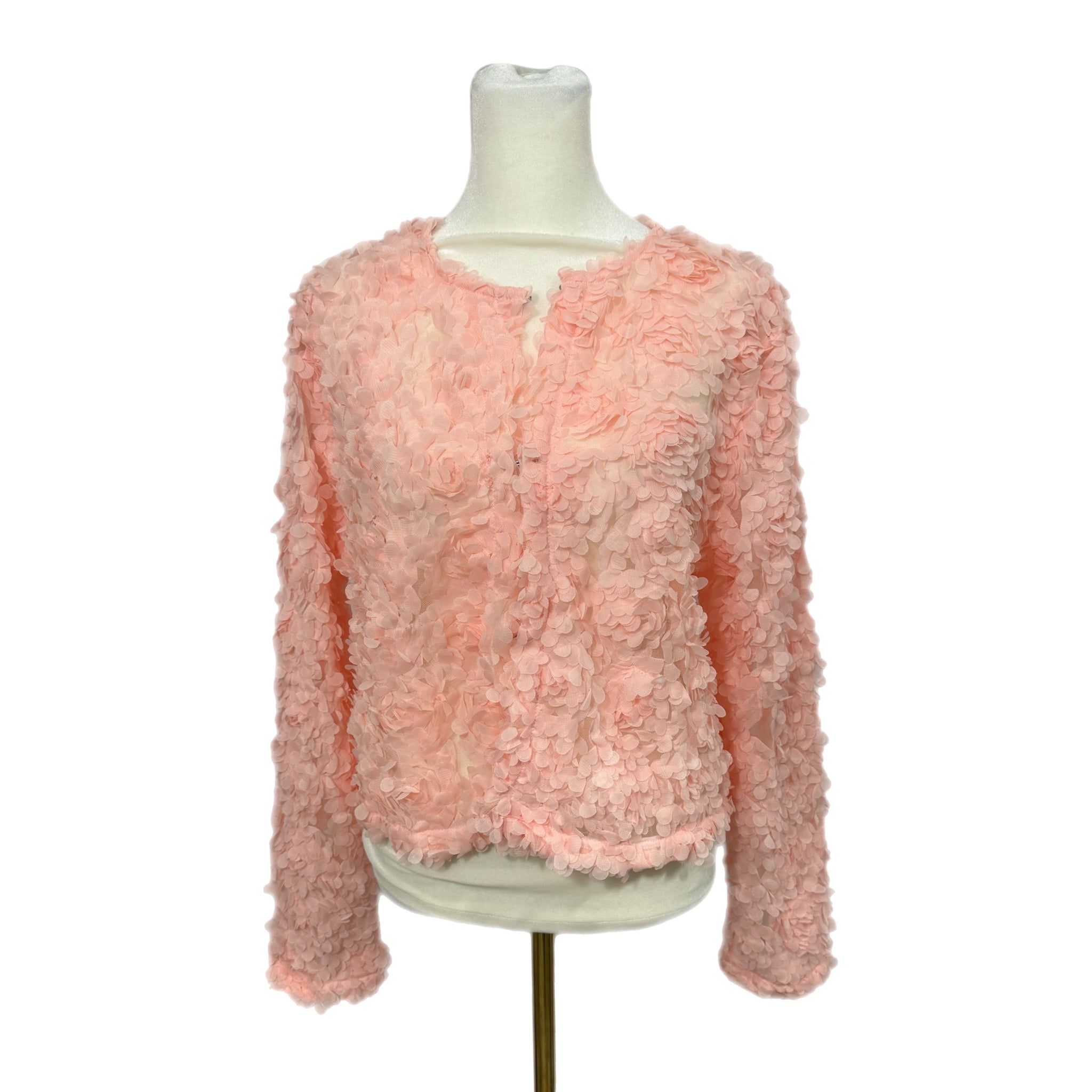 She + Sky Long Sleeve 3D Mesh Short Jacket Cardigan Flower appliqué in Pink