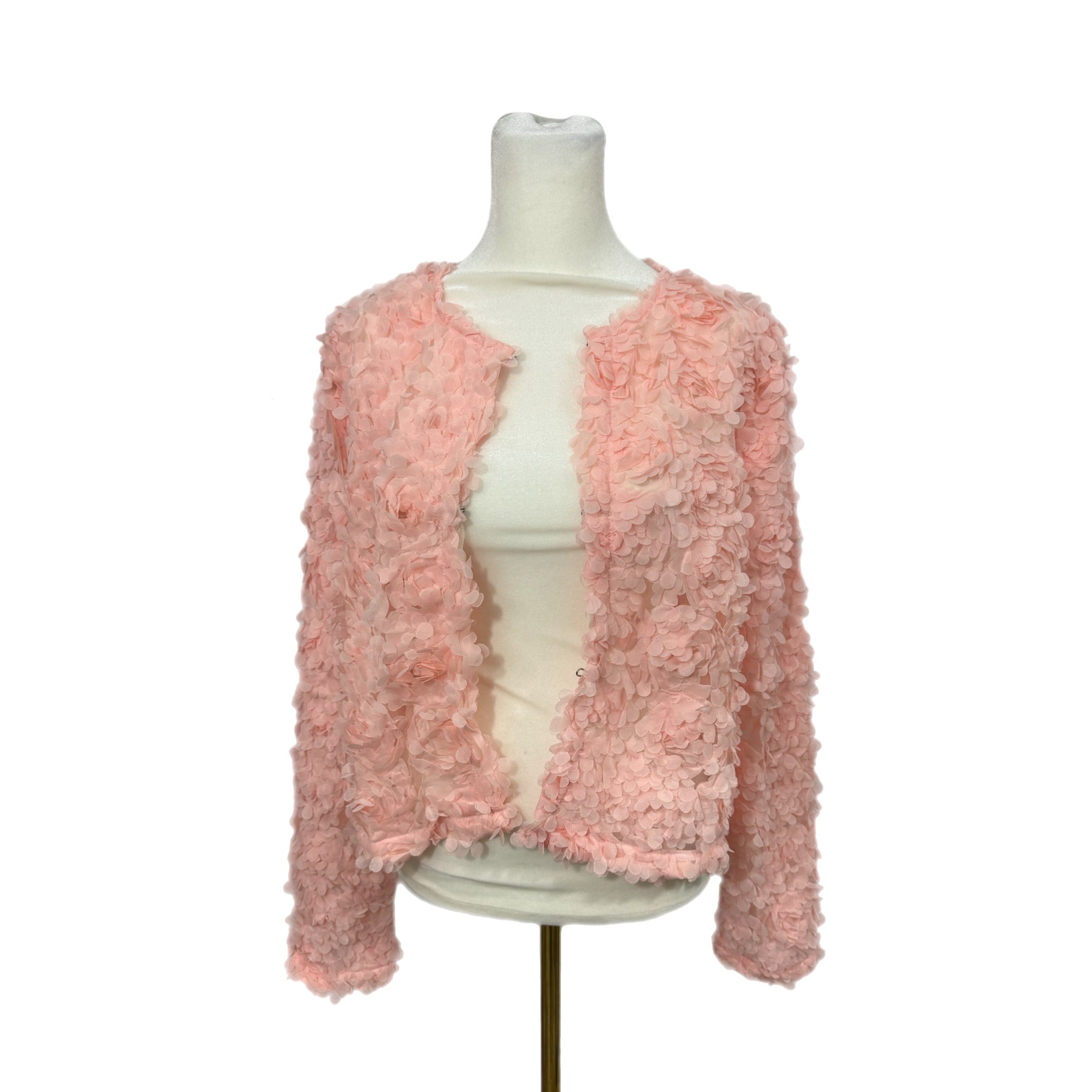 She + Sky Long Sleeve 3D Mesh Short Jacket Cardigan Flower appliqué in Pink