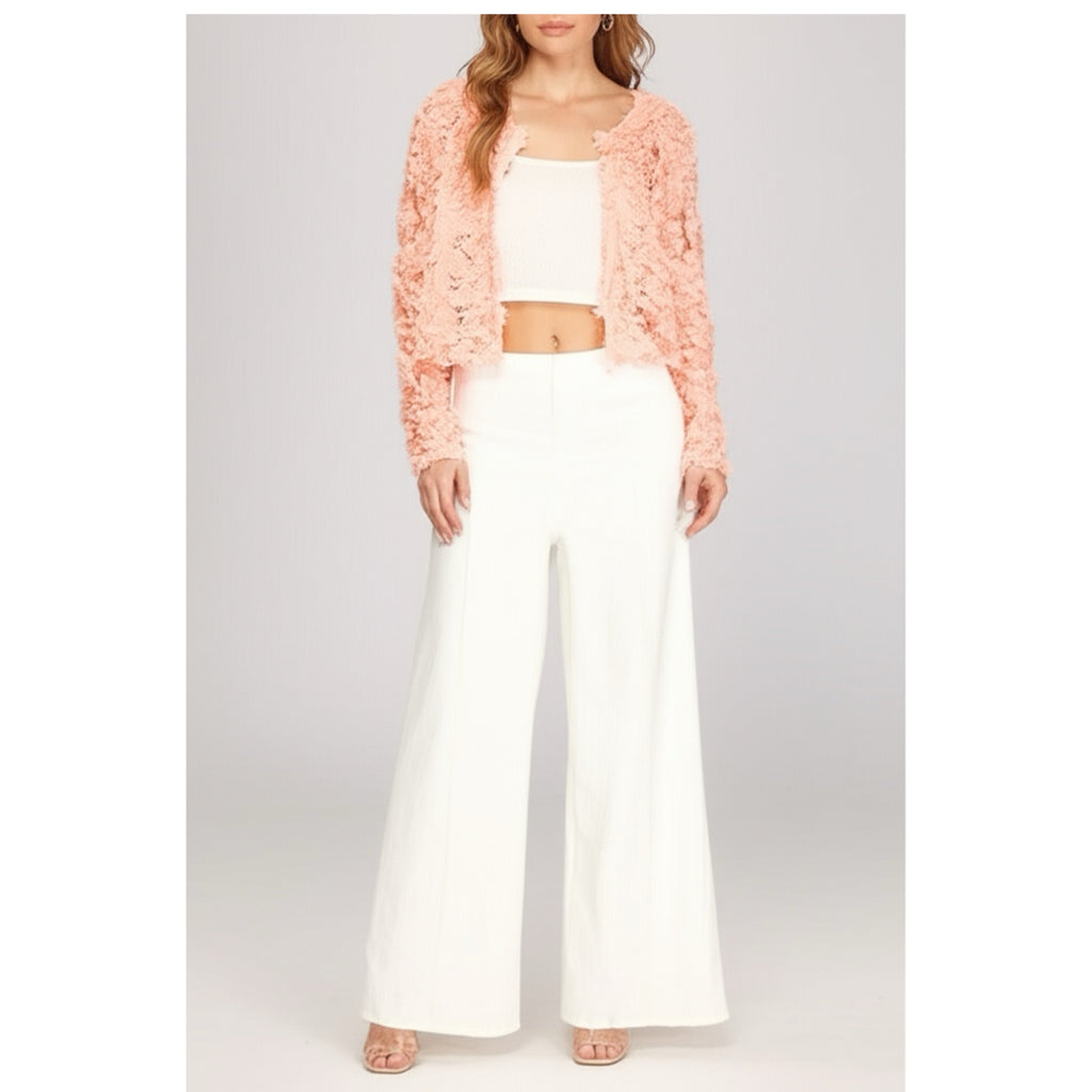 She + Sky Long Sleeve 3D Mesh Short Jacket Cardigan Flower appliqué in Pink