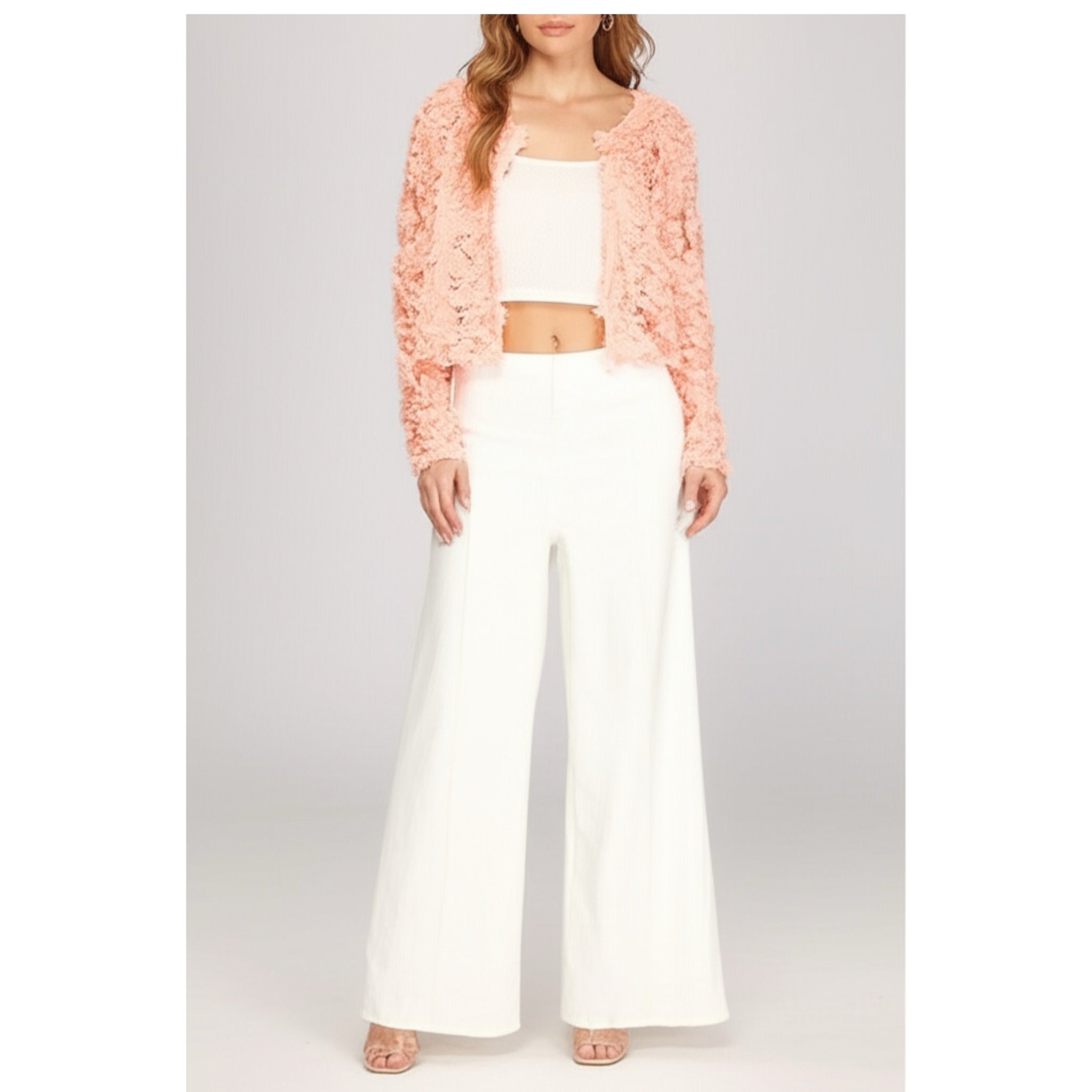 She + Sky Long Sleeve 3D Mesh Short Jacket Cardigan Flower appliqué in Pink