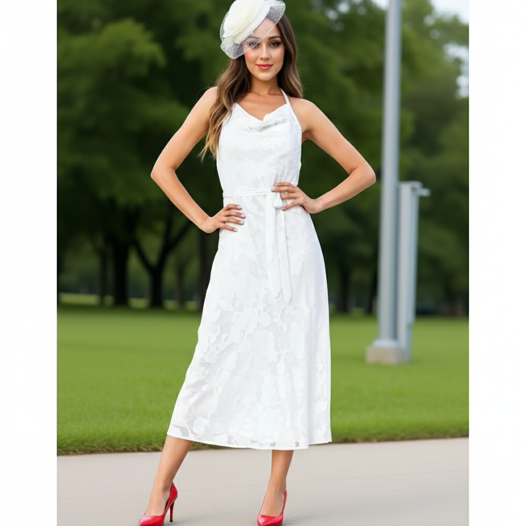 New Lulus Graceful White Floral Jacquard Halter Elegant Midi Dress