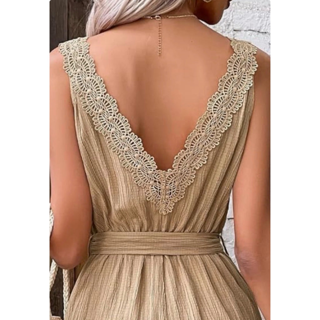 Beach Resort Shorts Romper Crochet Sleeveless V Neck in Beige