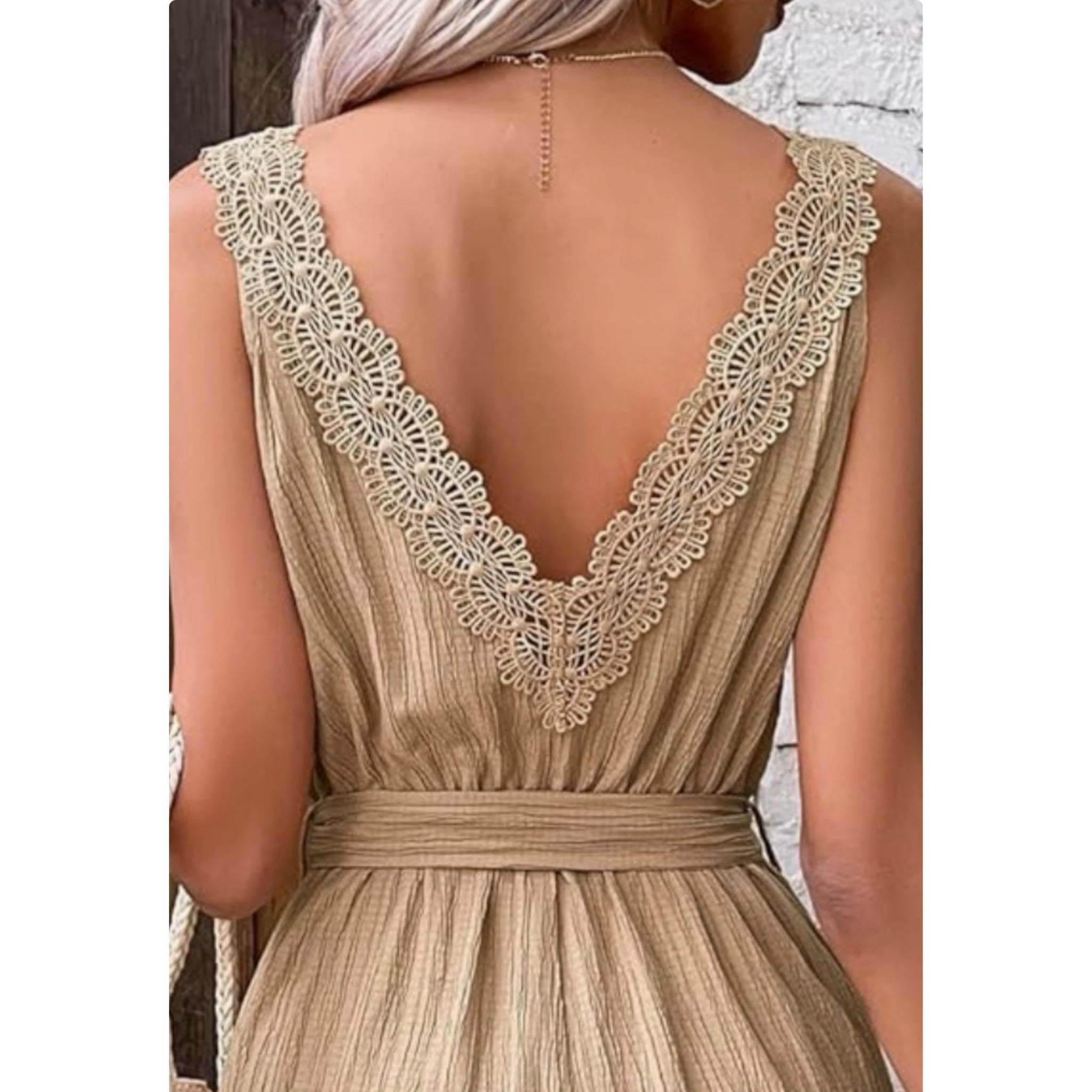 Beach Resort Shorts Romper Crochet Sleeveless V Neck in Beige