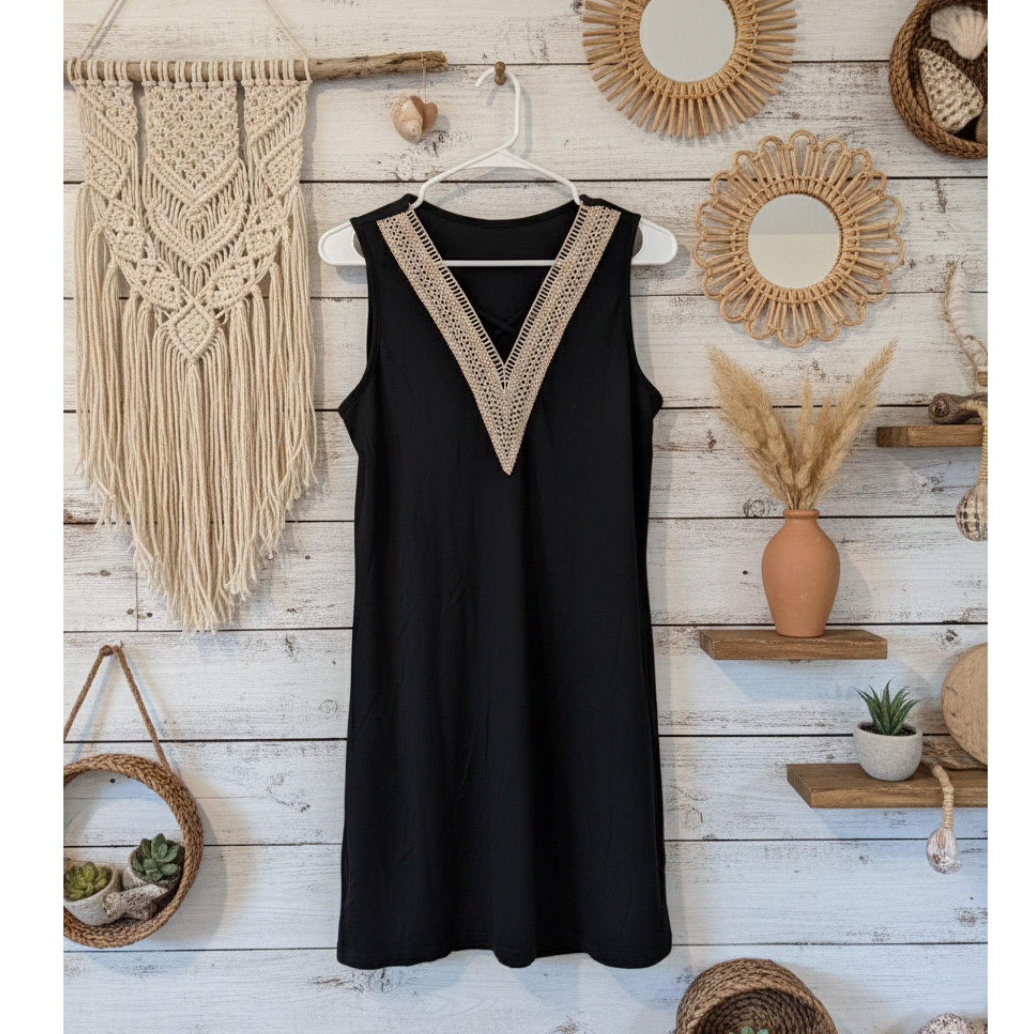 Honeycomb V Neck Mini Dress Sleeveless Beach Cover Up in Black