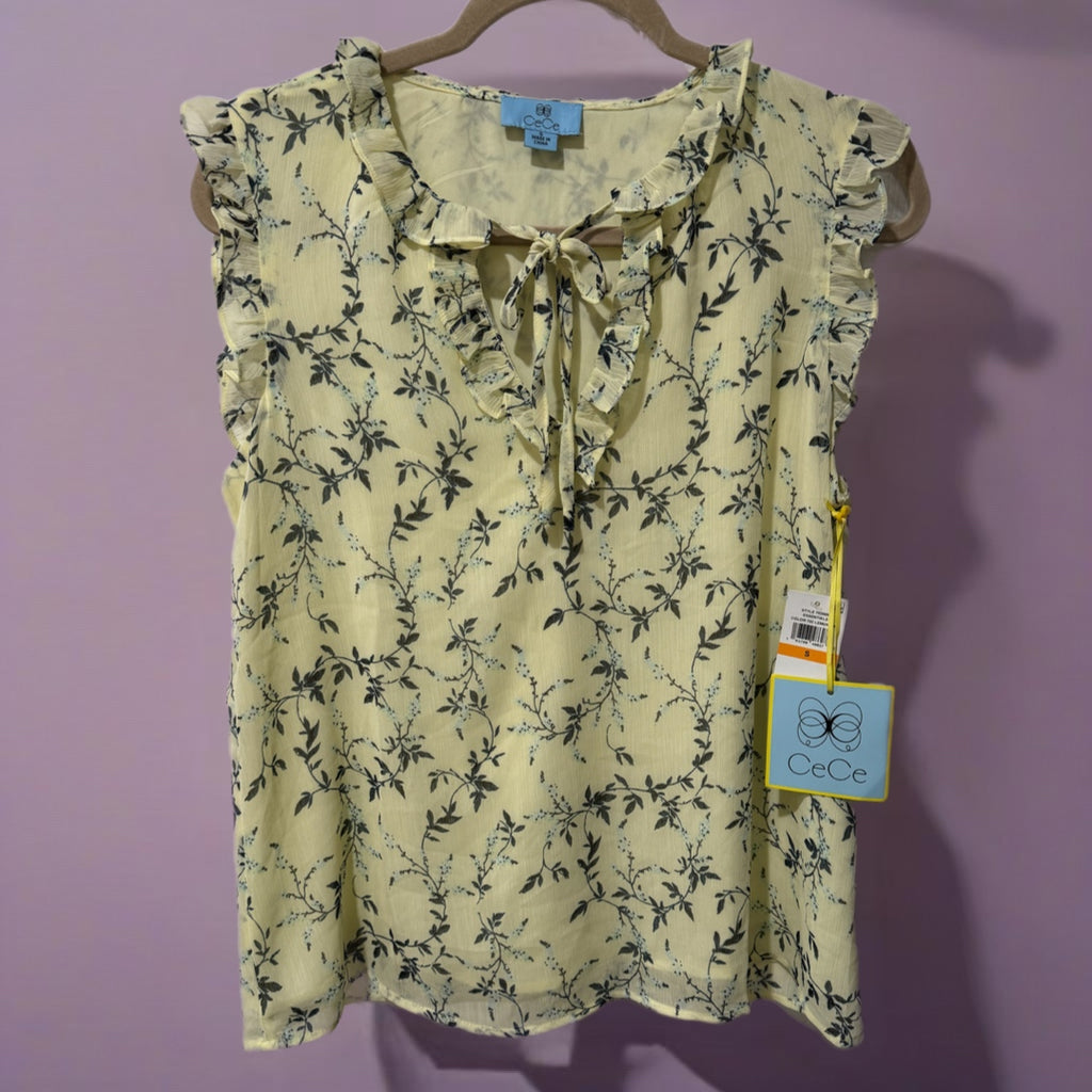 CeCe Wisteria Vines Women's Yellow Floral Sleeveless Ruffle Blouse