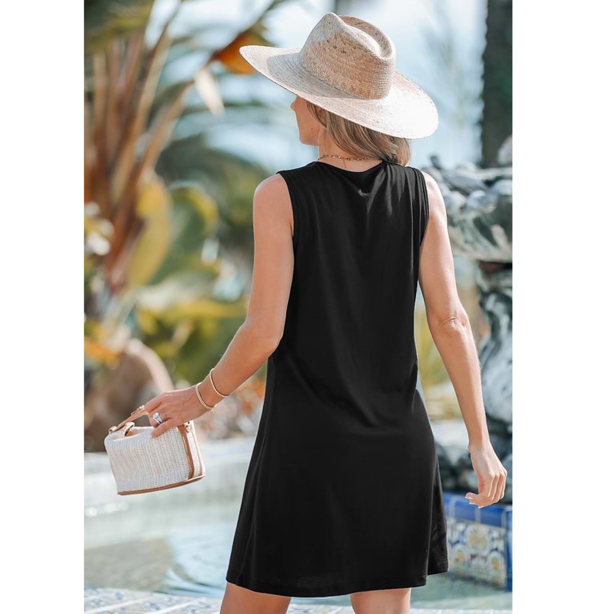 Honeycomb V Neck Mini Dress Sleeveless Beach Cover Up in Black