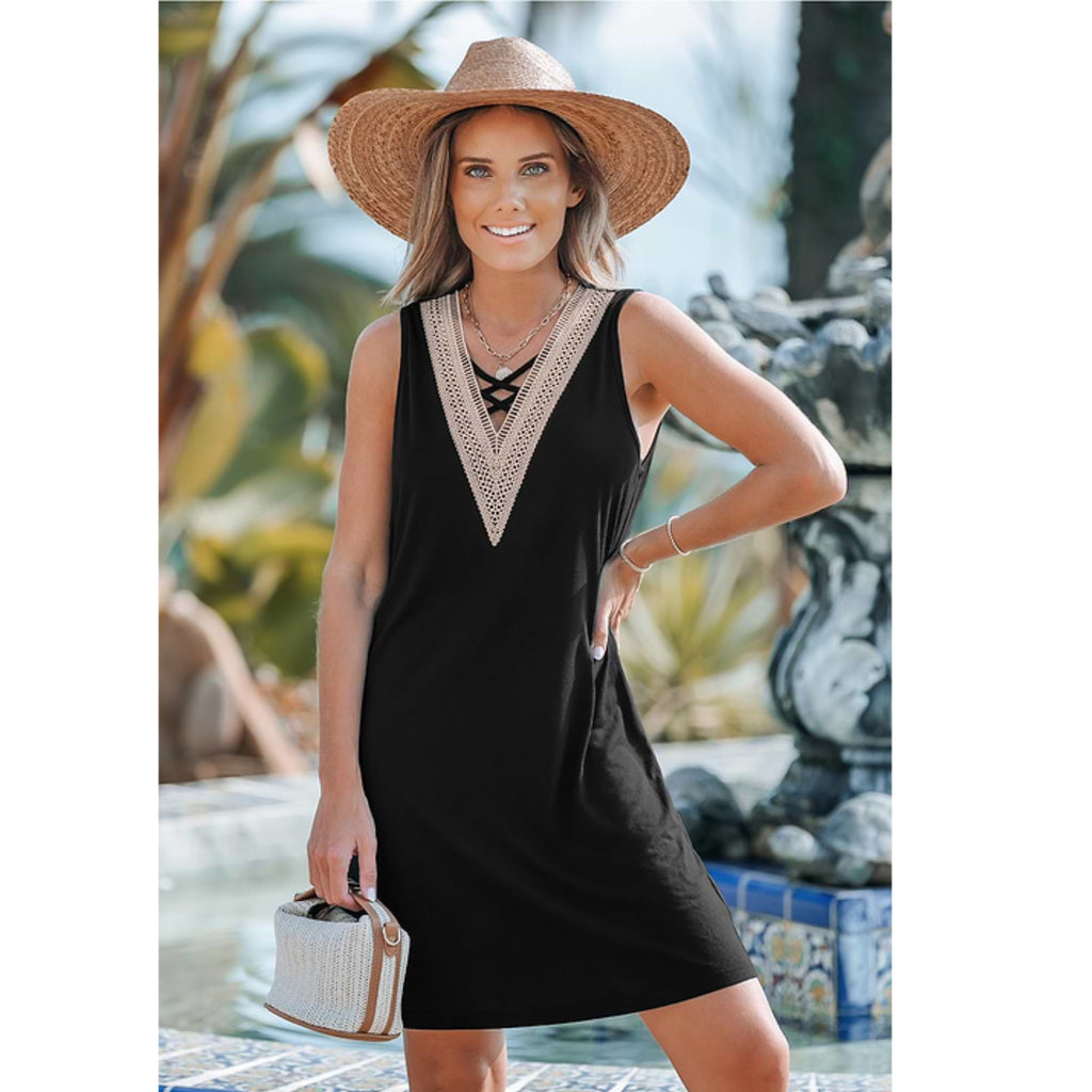 Honeycomb V Neck Mini Dress Sleeveless Beach Cover Up in Black