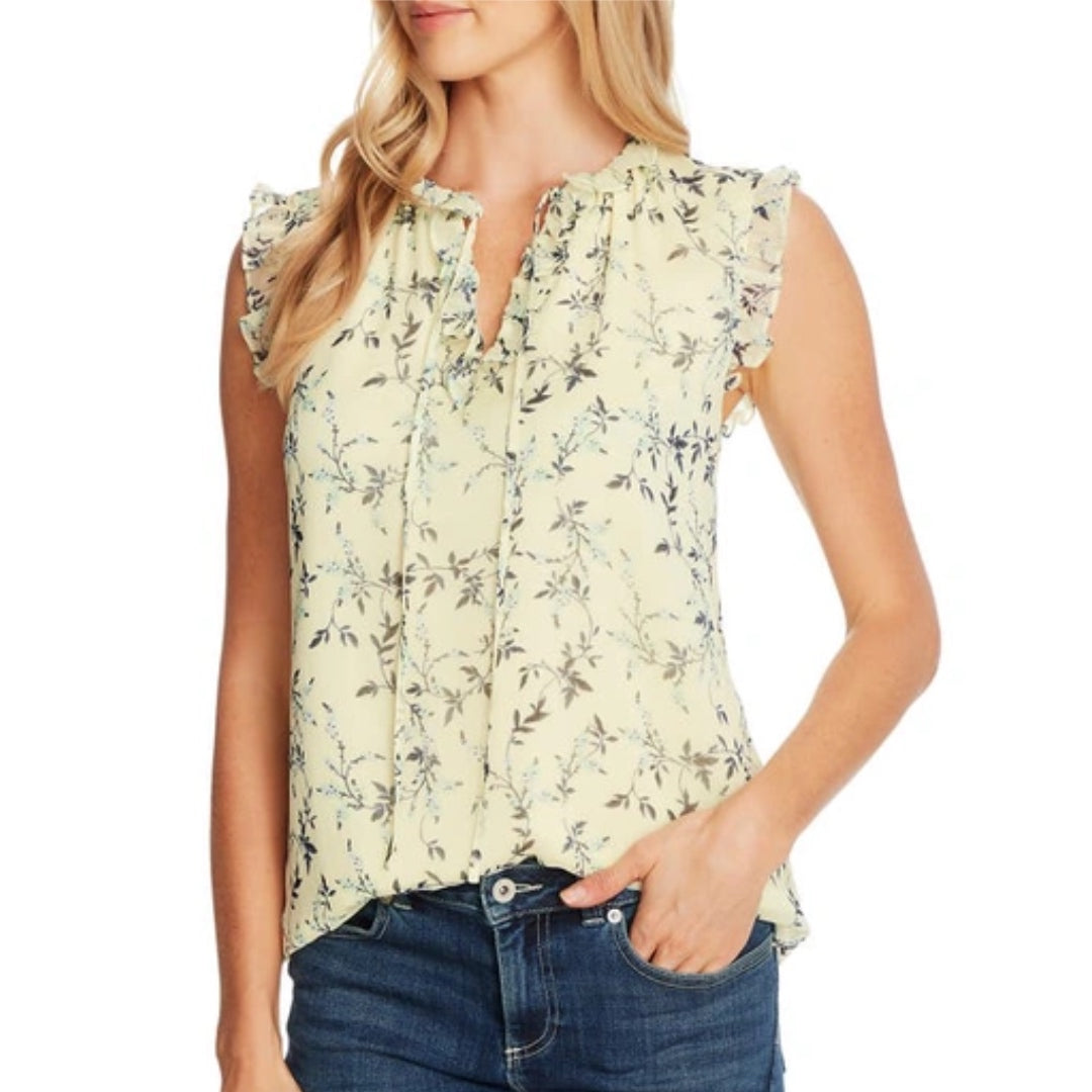 CeCe Wisteria Vines Women's Yellow Floral Sleeveless Ruffle Blouse