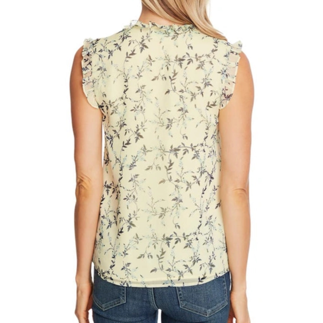 CeCe Wisteria Vines Women's Yellow Floral Sleeveless Ruffle Blouse