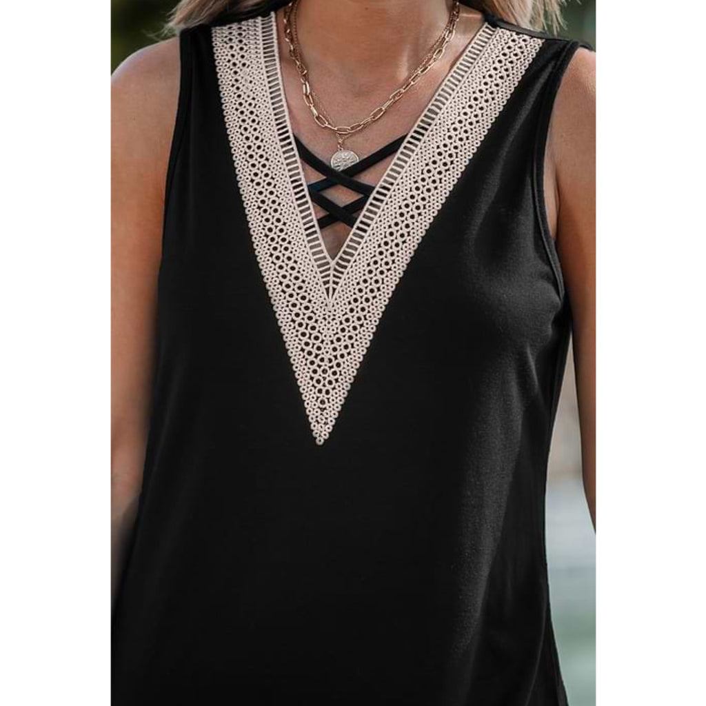 Honeycomb V Neck Mini Dress Sleeveless Beach Cover Up in Black