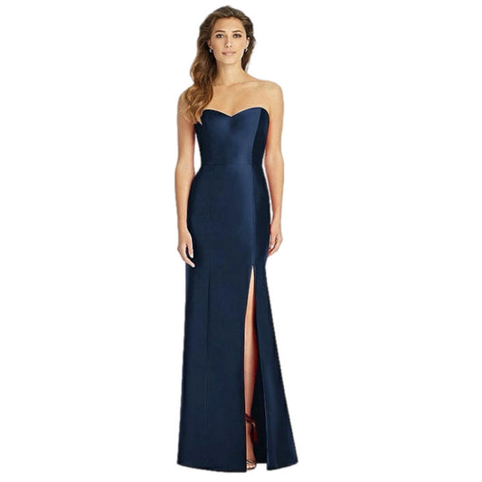 ALFRED SUNG Midnight Blue Strapless Satin Slit Gown Trumpet D759