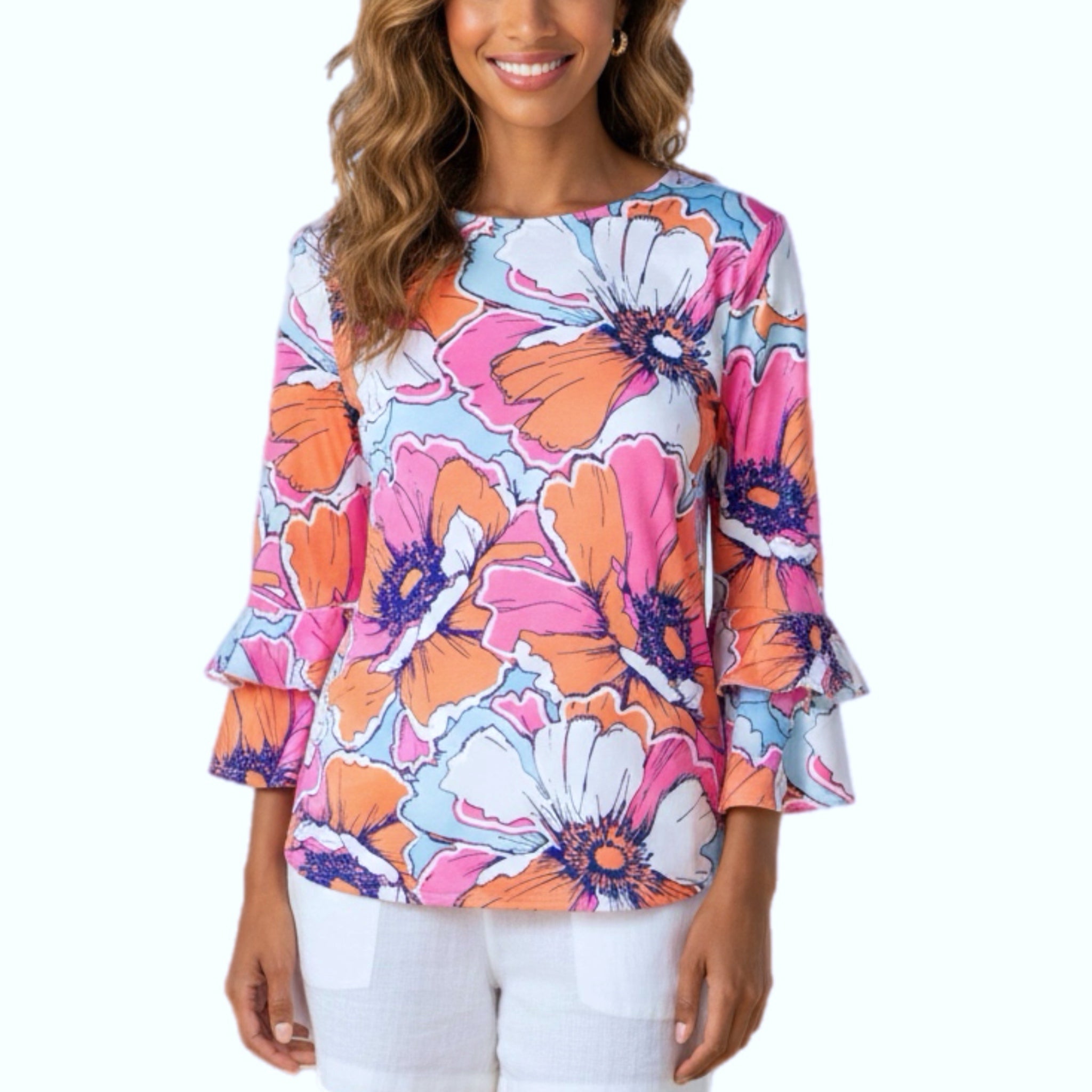 RUBY RD Pink Tropical Floral Blouse 3/4 Flutter Sleeve Top