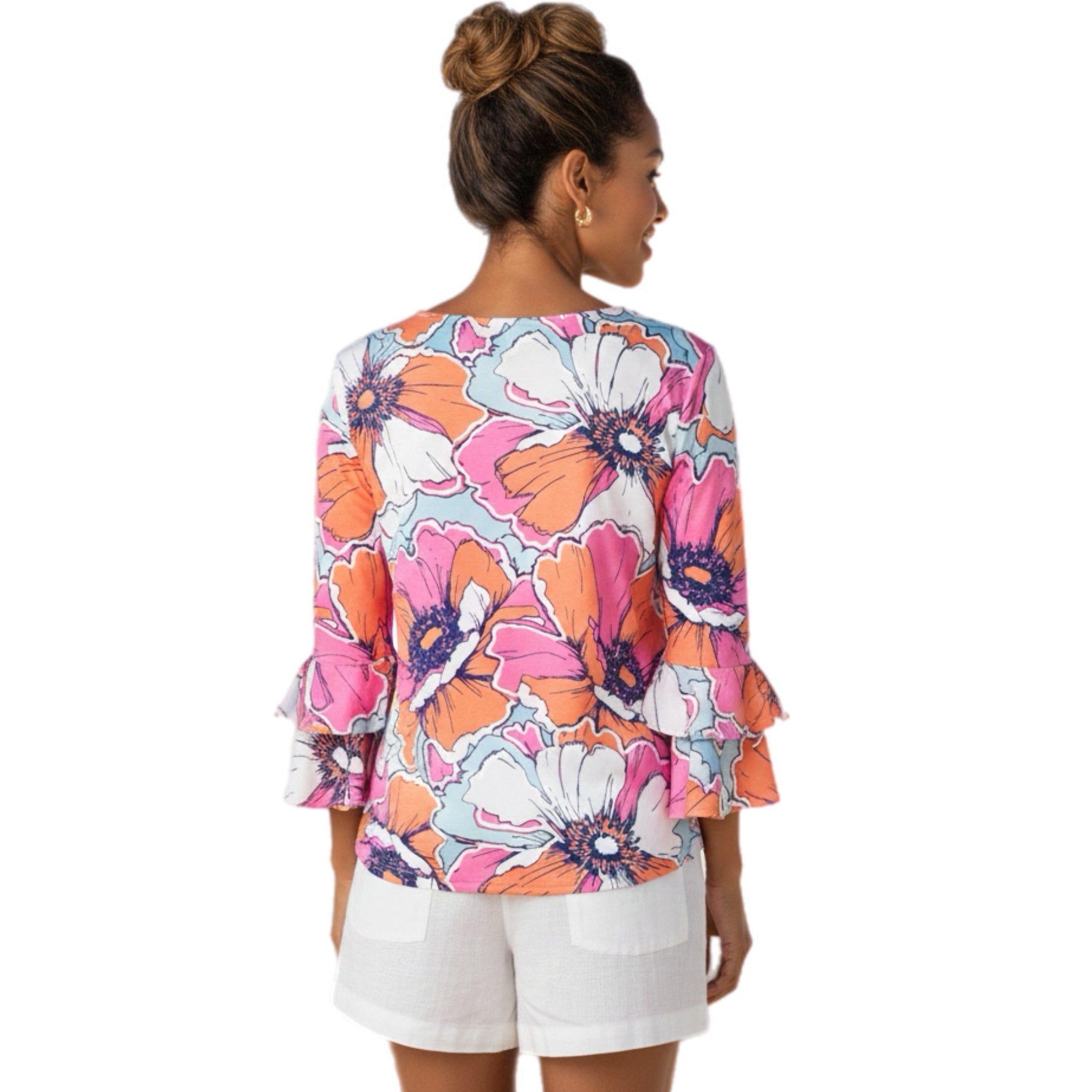 RUBY RD Pink Tropical Floral Blouse 3/4 Flutter Sleeve Top