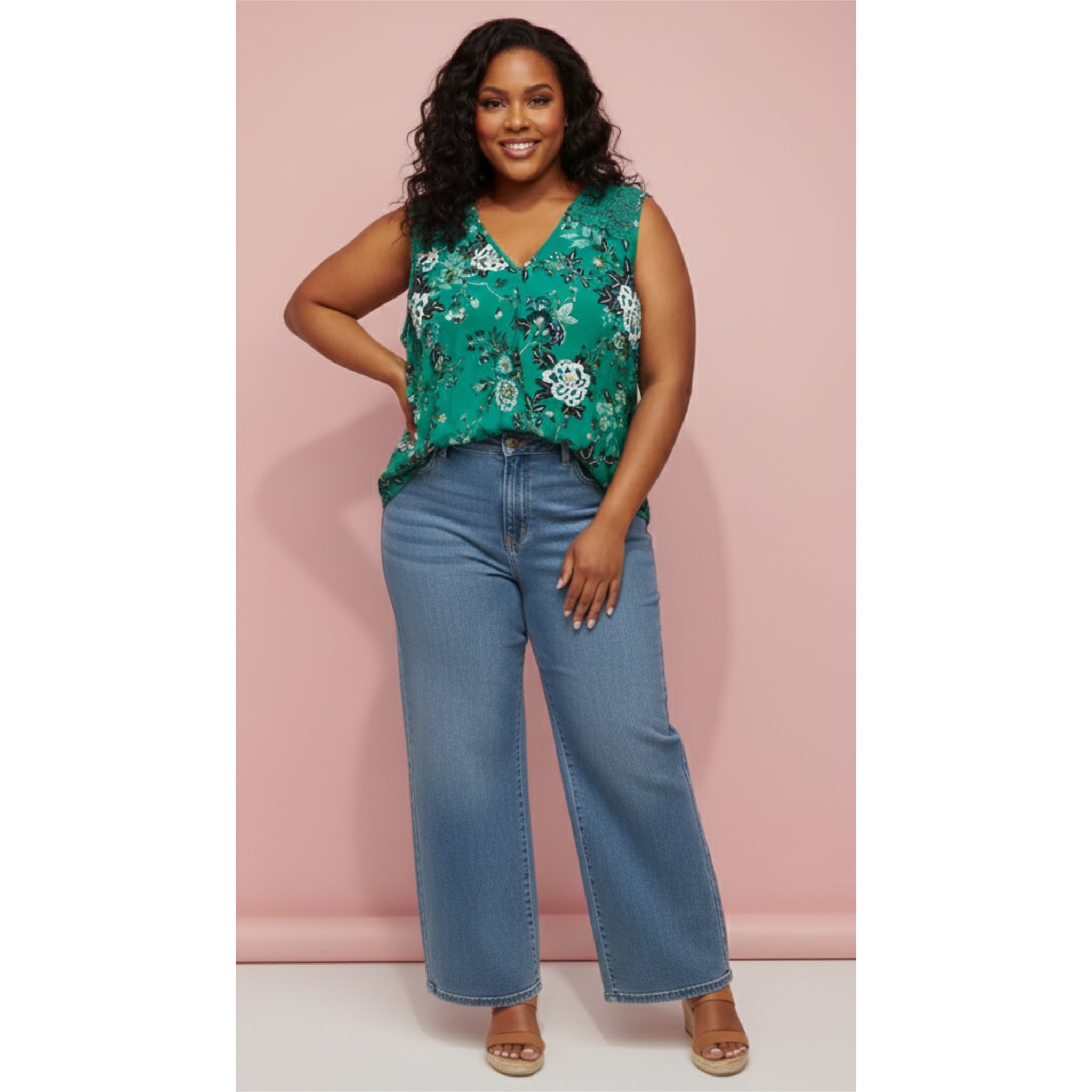 Daniel Rainn Tropical Green Floral Sleeveless Blouse Crochet Lace