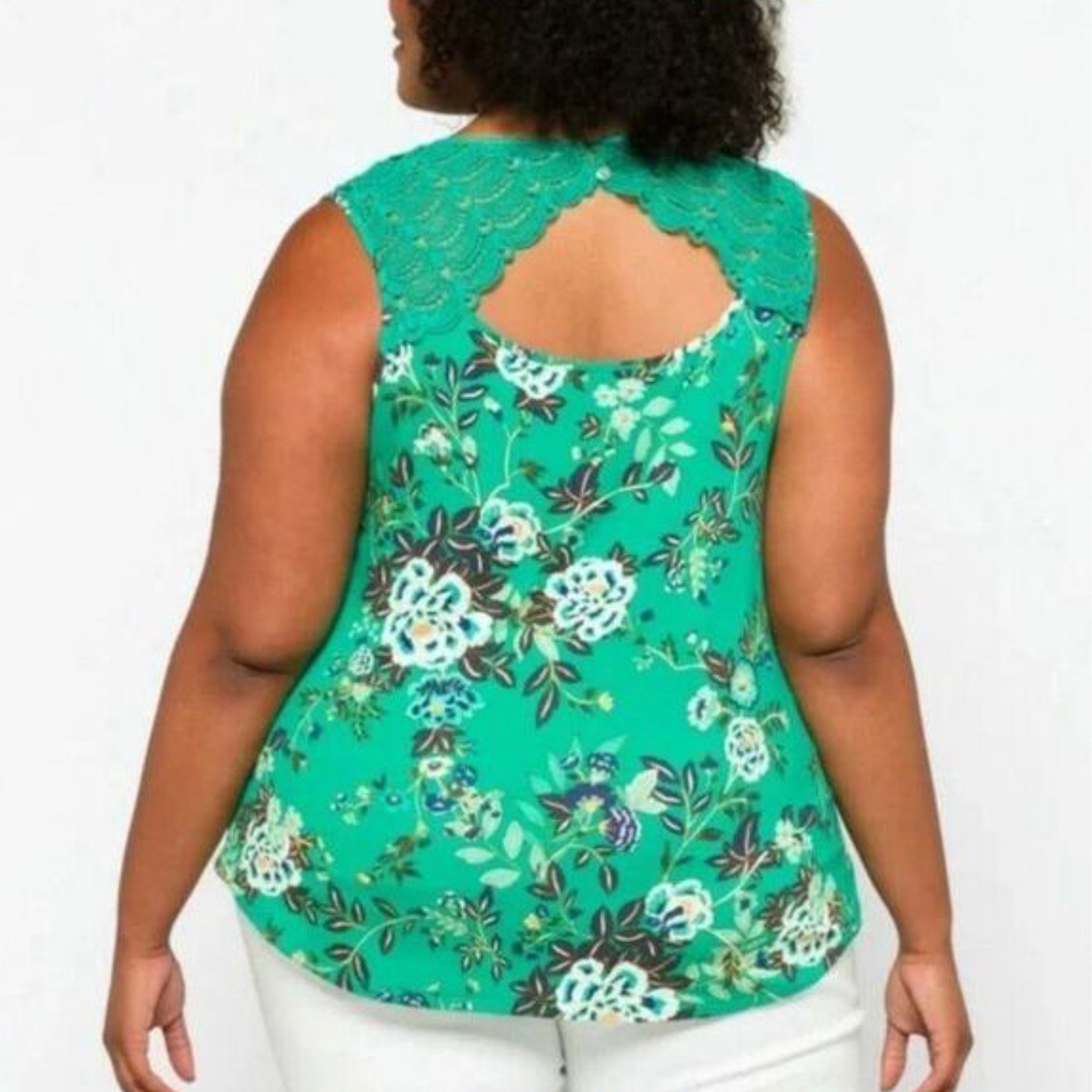 Daniel Rainn Tropical Green Floral Sleeveless Blouse Crochet Lace