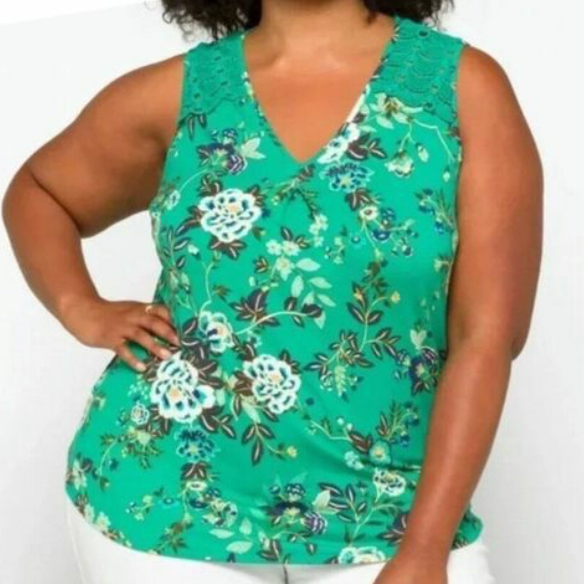 Daniel Rainn Tropical Green Floral Sleeveless Blouse Crochet Lace