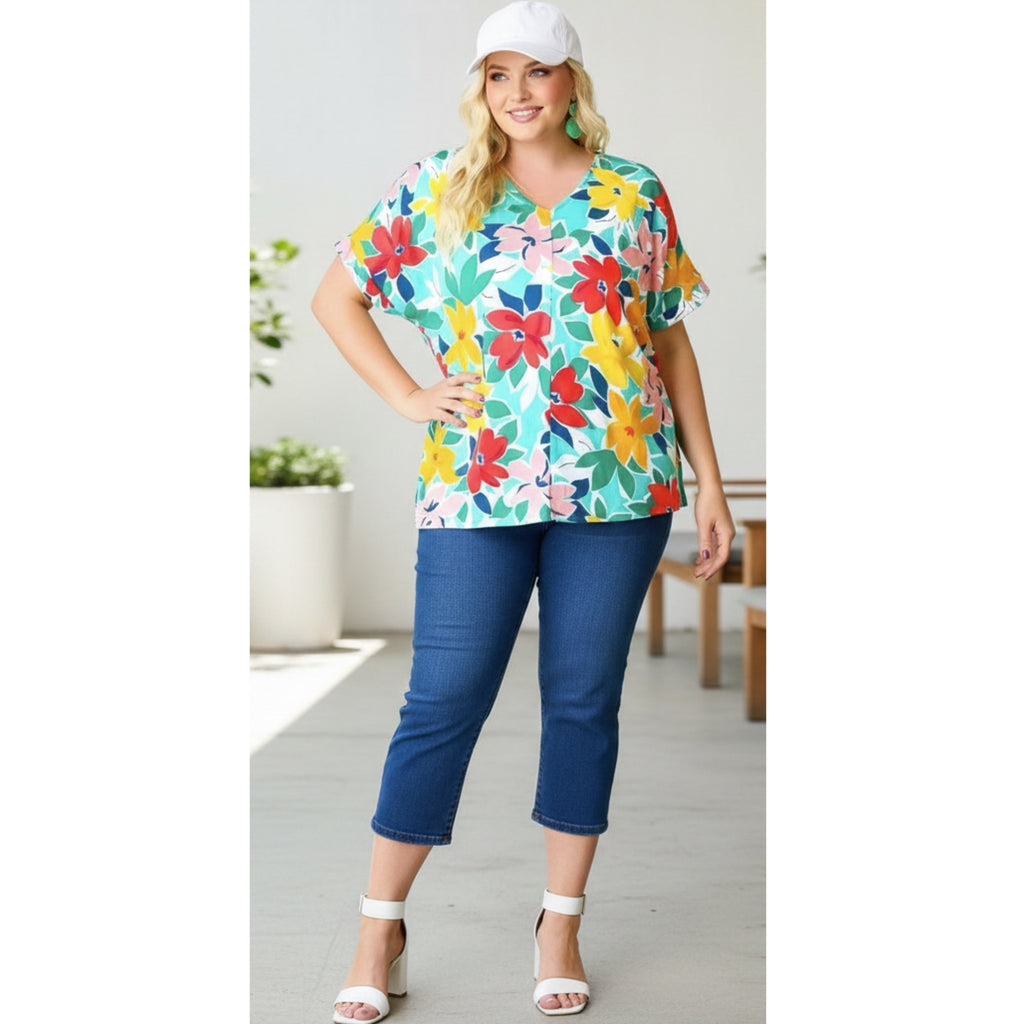 HAPTICS Teal & Coral Floral V Neck Top Super Soft Blouse Short Sleeve