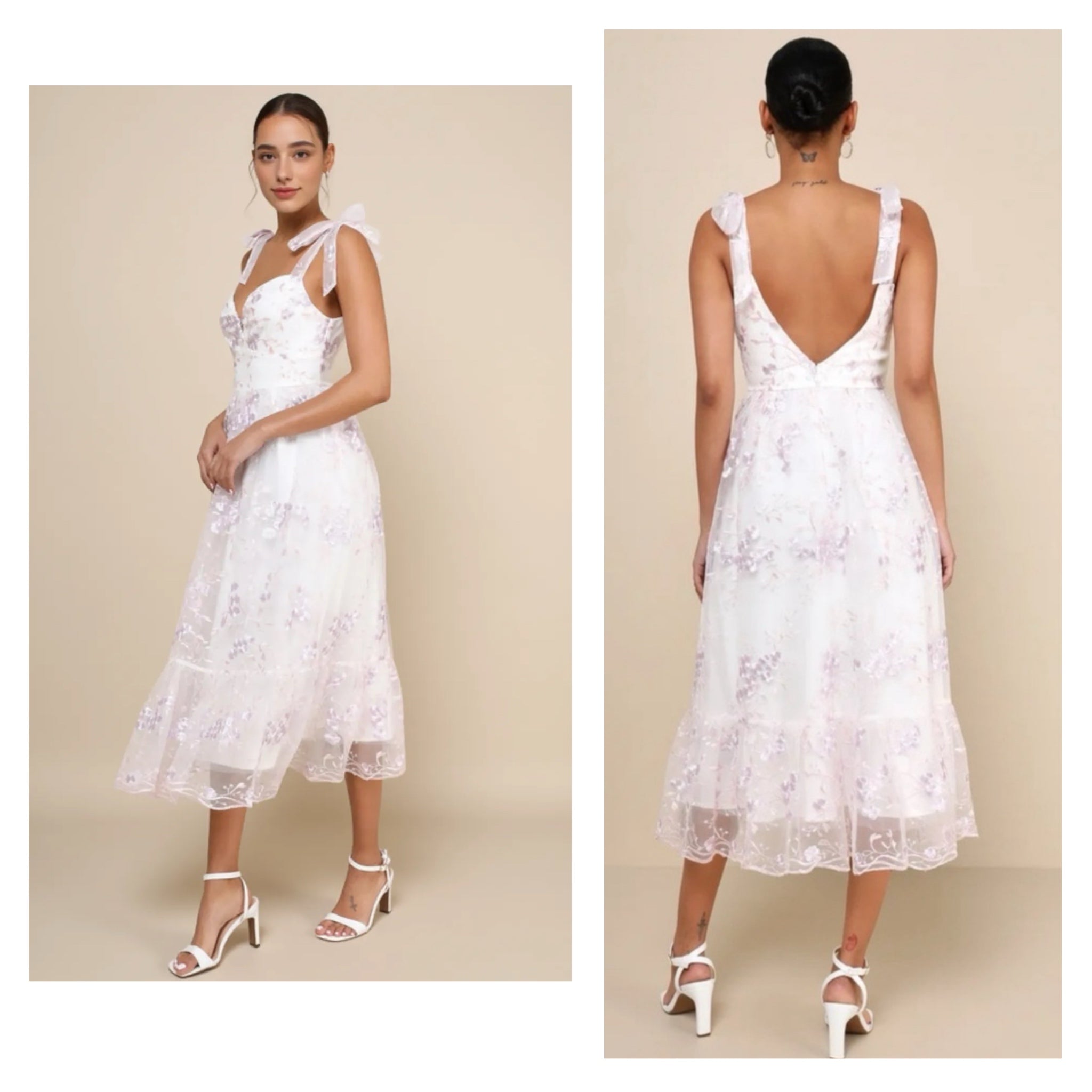Lulus Romantic Embroidered Tulle Midi Dress White Lilac Pink Floral