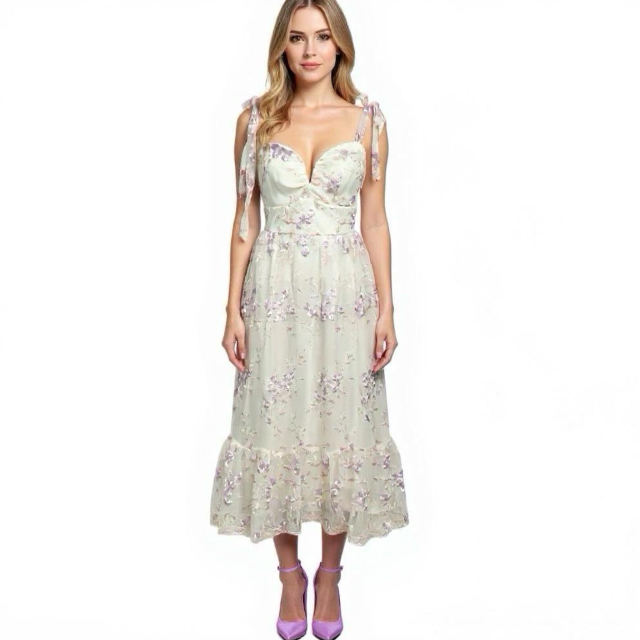 Lulus Romantic Embroidered Tulle Midi Dress White Lilac Pink Floral