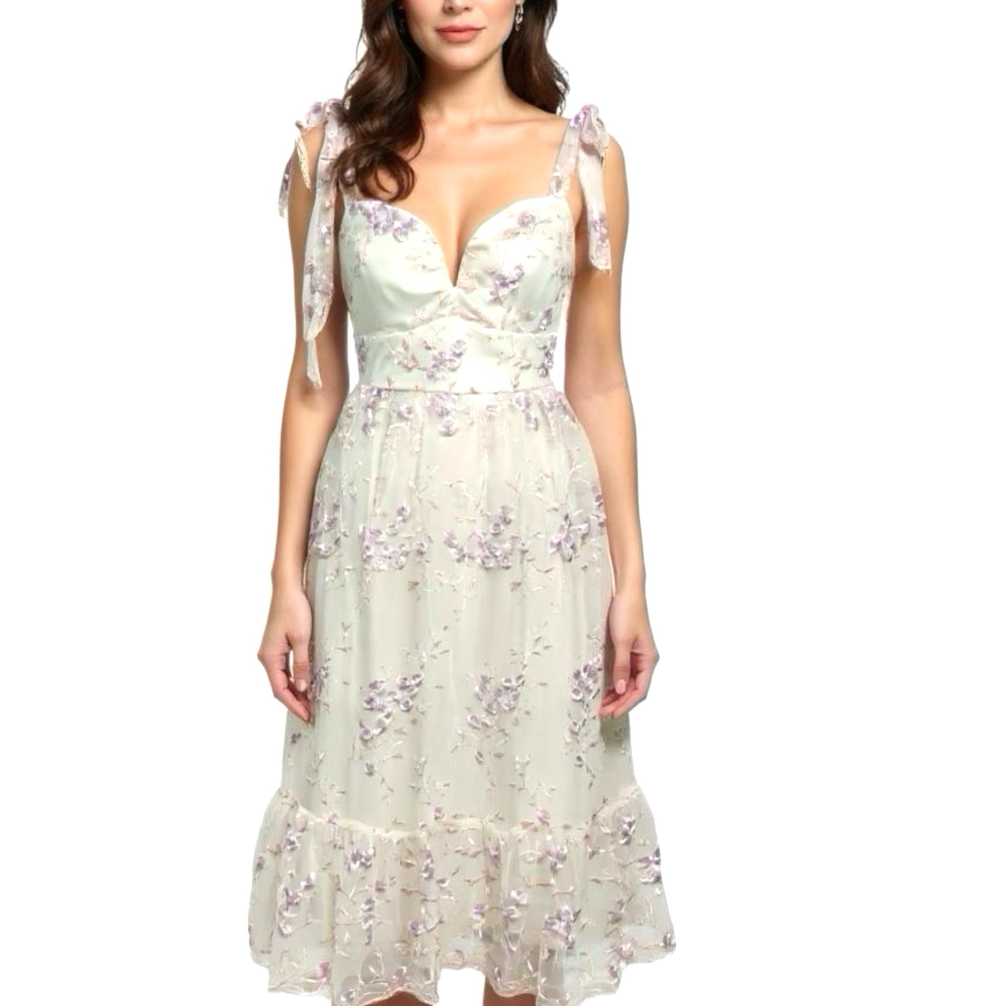 Lulus Romantic Embroidered Tulle Midi Dress White Lilac Pink Floral