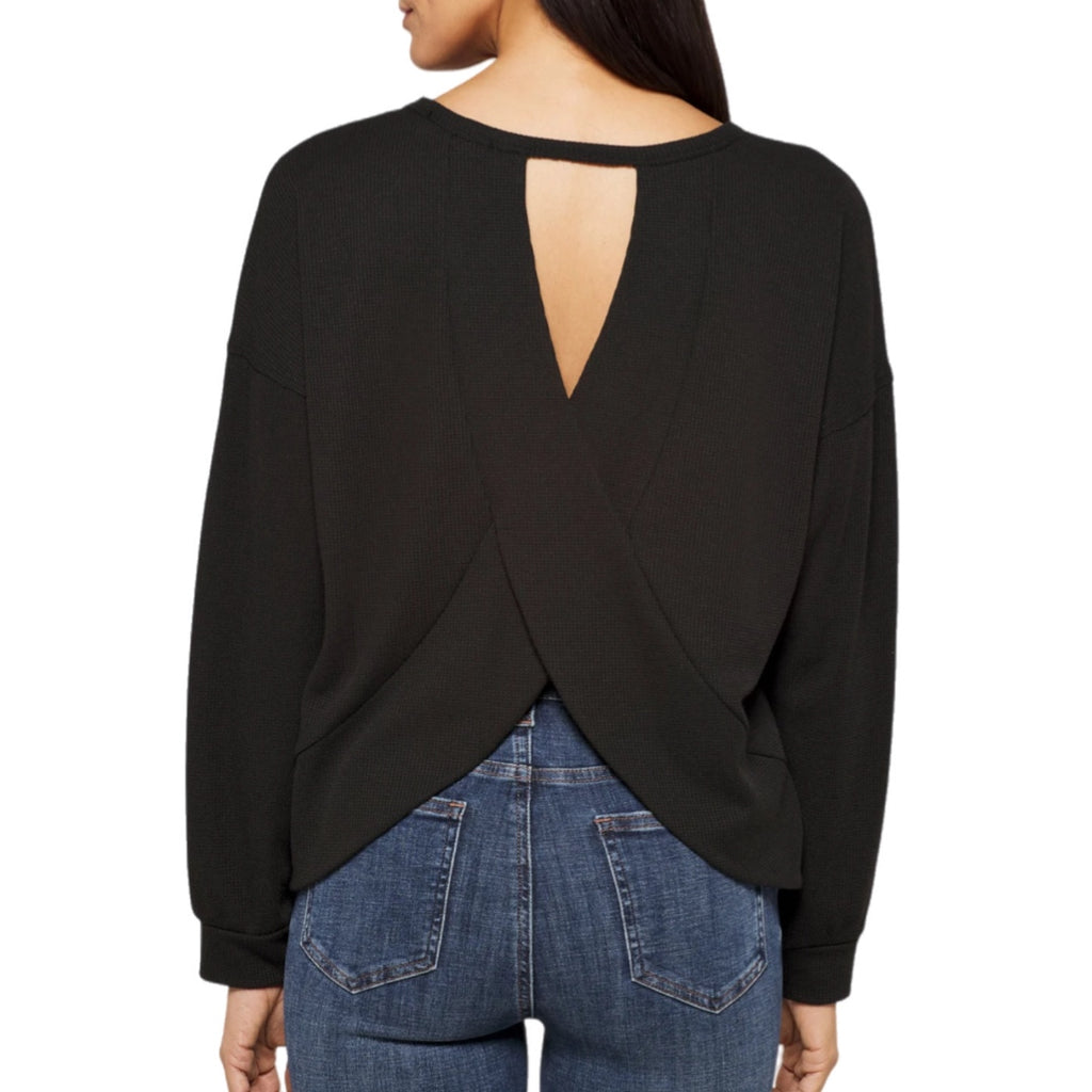 Kaileigh Stitch Fix Sadaf Open Back Shimmery Black Knit Top Long Sleeve