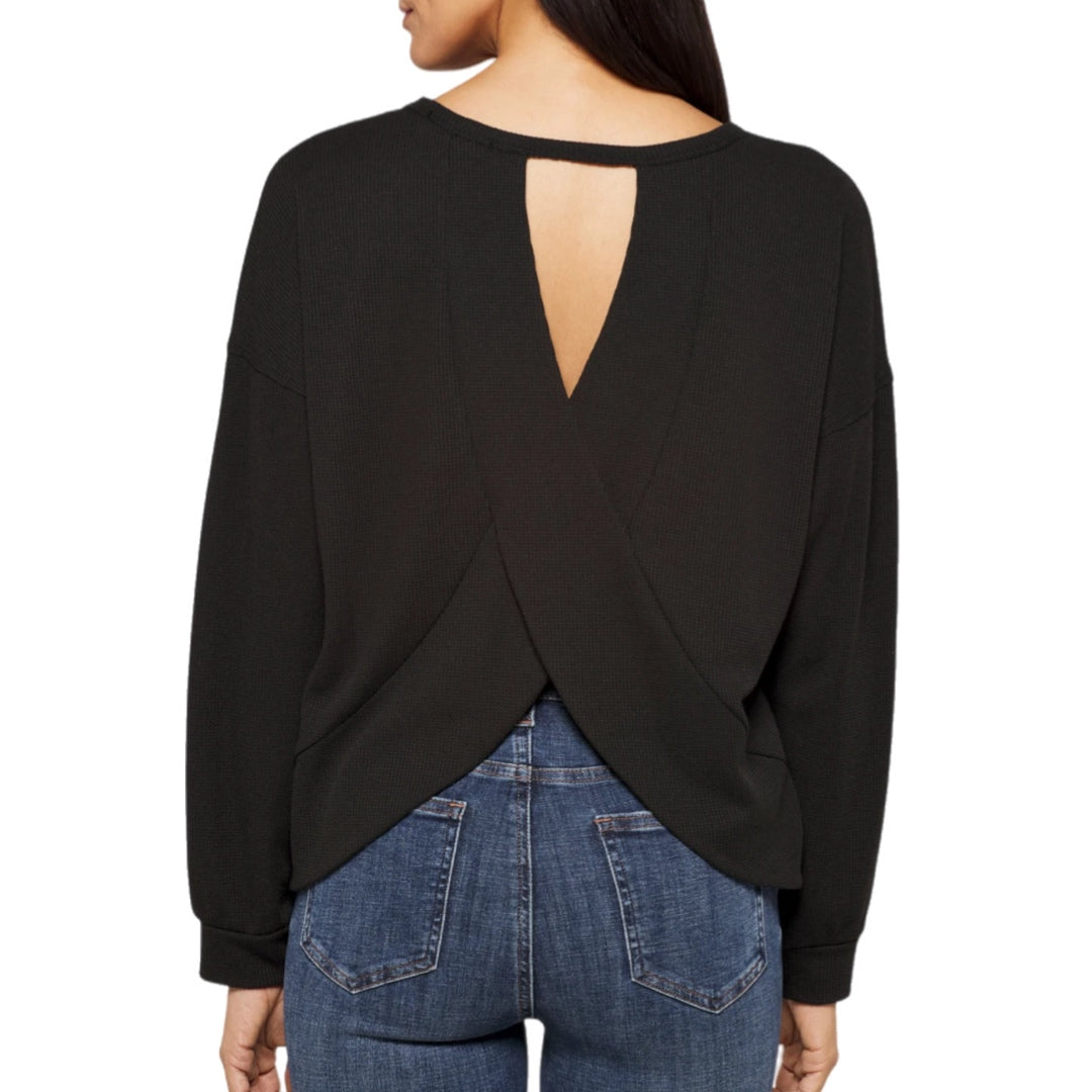 Kaileigh Stitch Fix Sadaf Open Back Shimmery Black Knit Top Long Sleeve