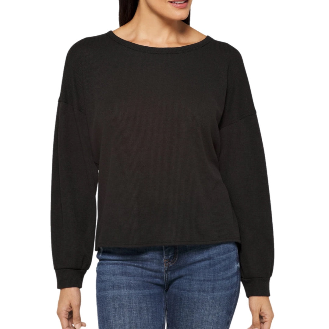 Kaileigh Stitch Fix Sadaf Open Back Shimmery Black Knit Top Long Sleeve