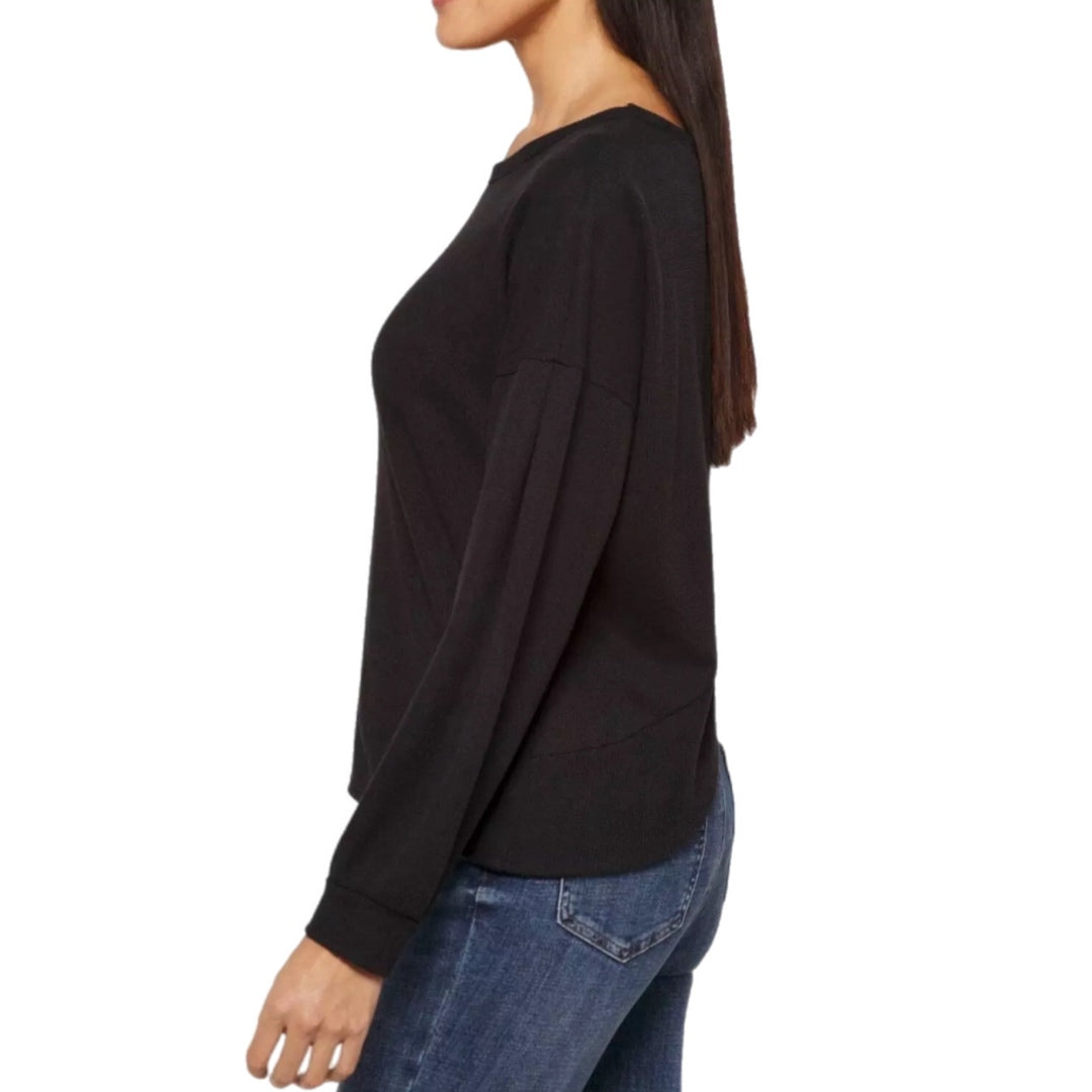 Kaileigh Stitch Fix Sadaf Open Back Shimmery Black Knit Top Long Sleeve