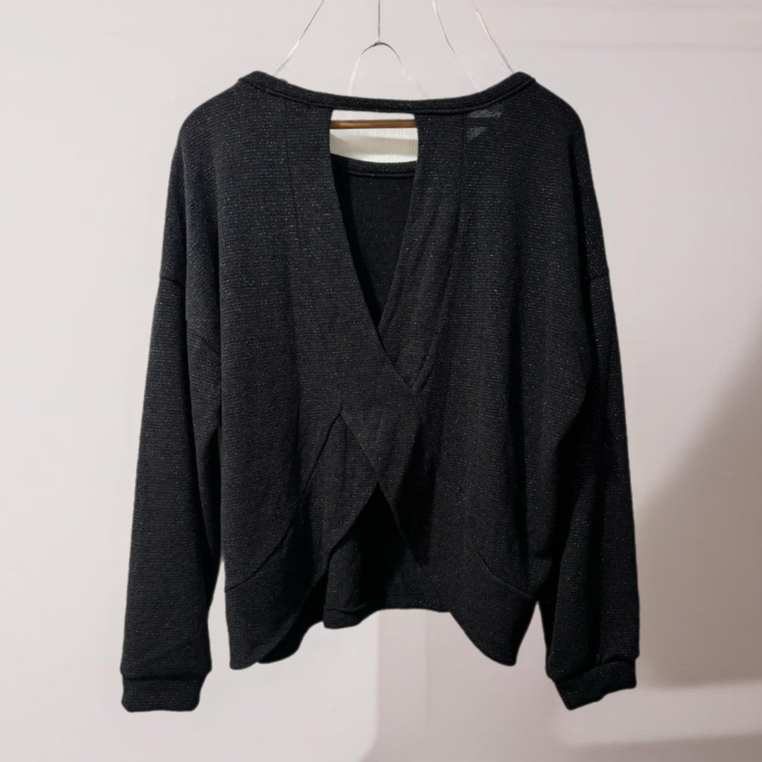 Kaileigh Stitch Fix Sadaf Open Back Shimmery Black Knit Top Long Sleeve