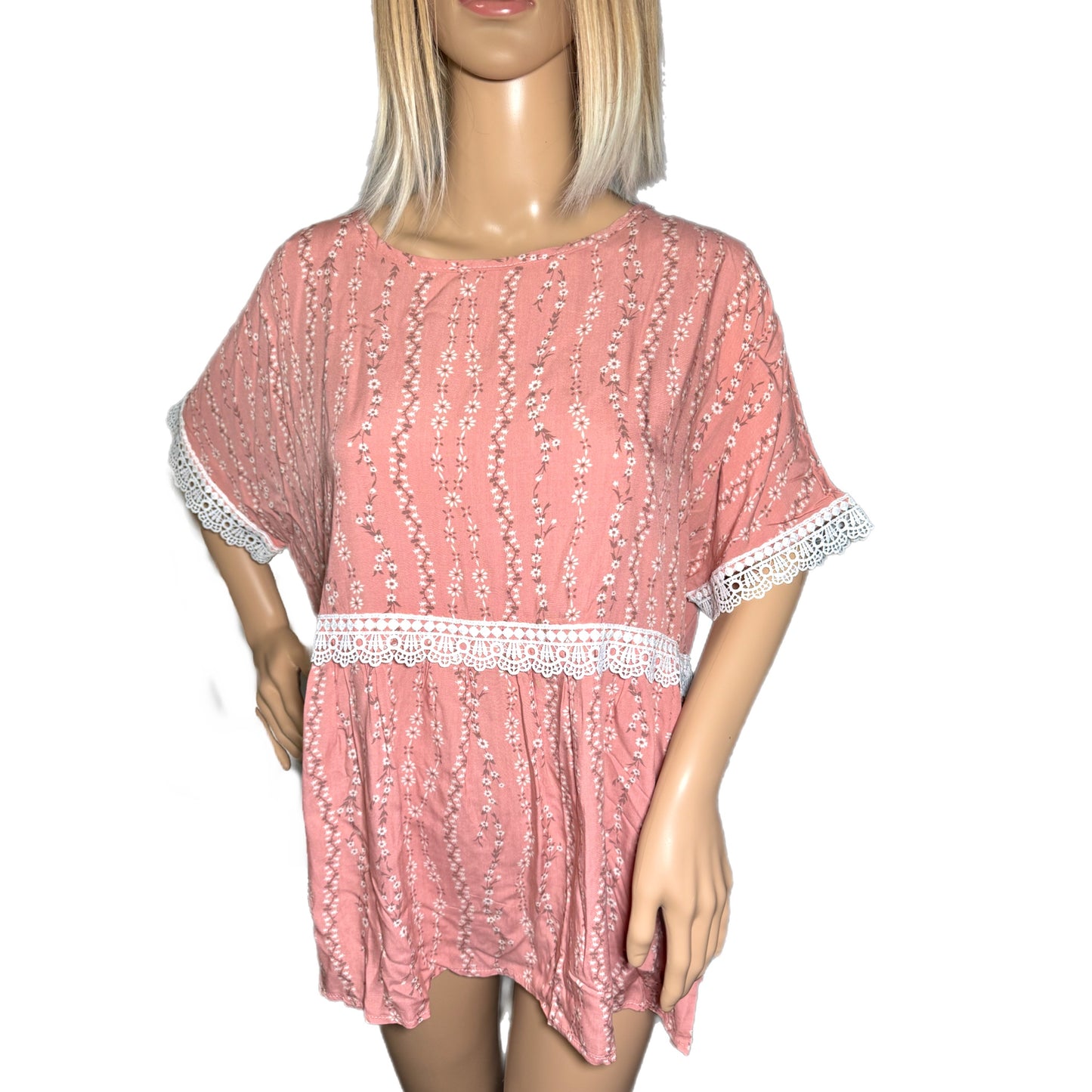 HAPTICS Pink Coral Floral Cottage Crochet Short Sleeve Blouse Top