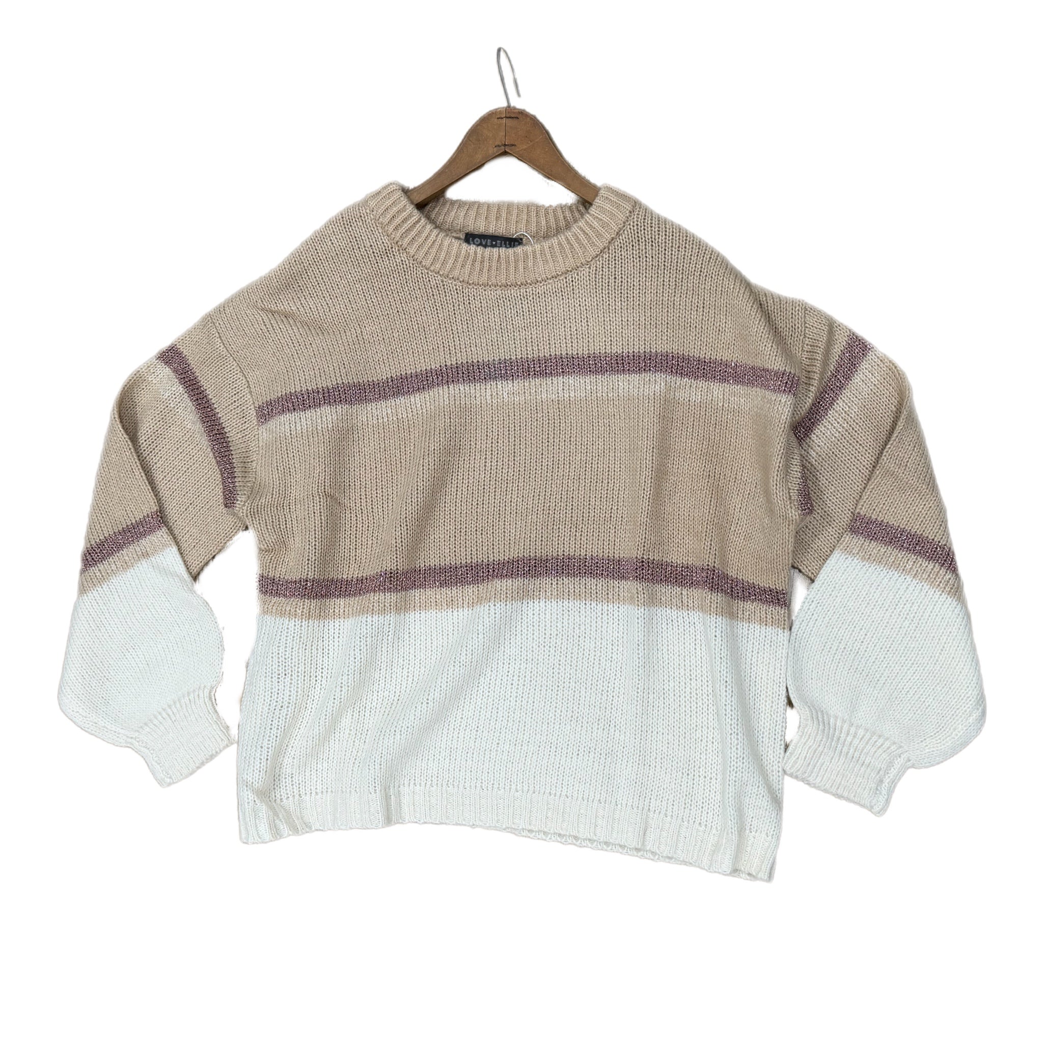 LOVE ELLIE Metallic Stripe Crew Neck Sweater in Beige and Cream