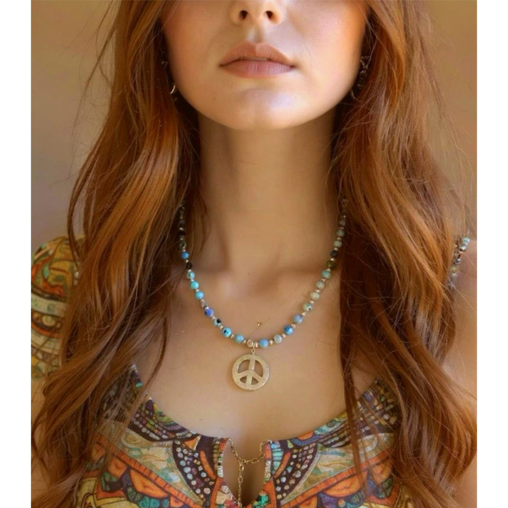 Handmade Beaded Hippie Necklace Ocean Blue Agate Stone Boho Peace Pendant 17”