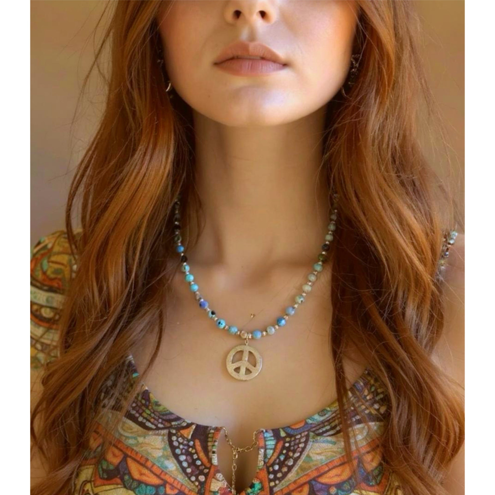 Handmade Beaded Hippie Necklace Ocean Blue Agate Stone Boho Peace Pendant 17”