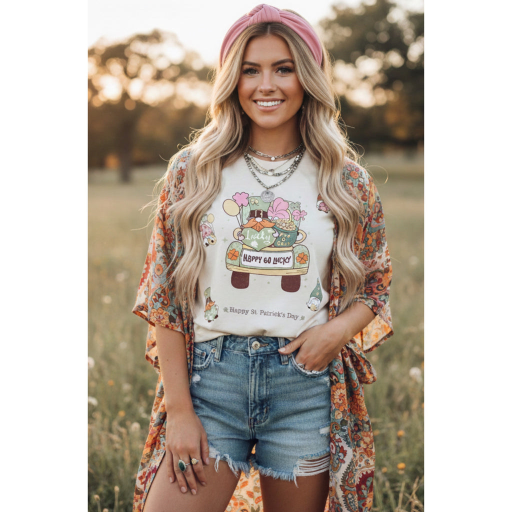 St. Patrick’s Day Gnomes Truck T-Shirt Boho Lucky Graphic Tee Vintage Style