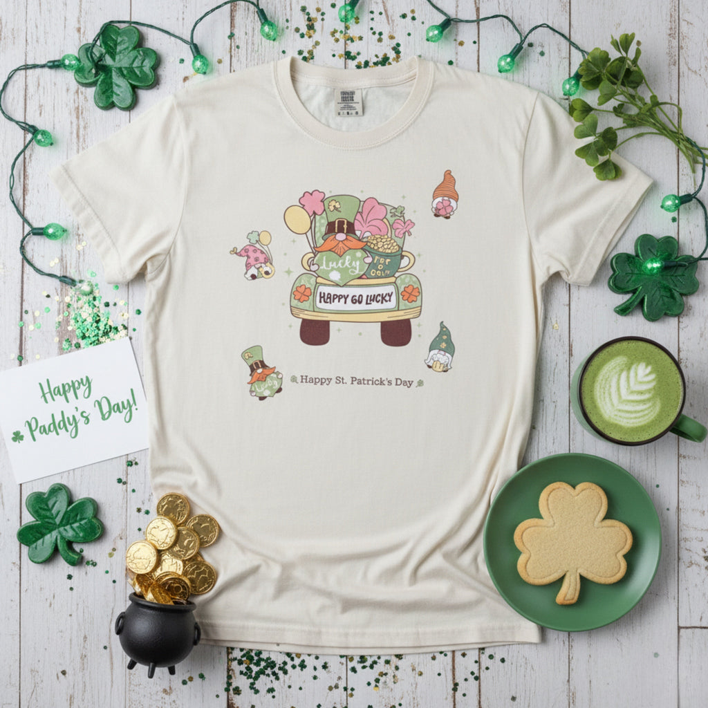 St. Patrick’s Day Gnomes Truck T-Shirt Boho Lucky Graphic Tee Vintage Style