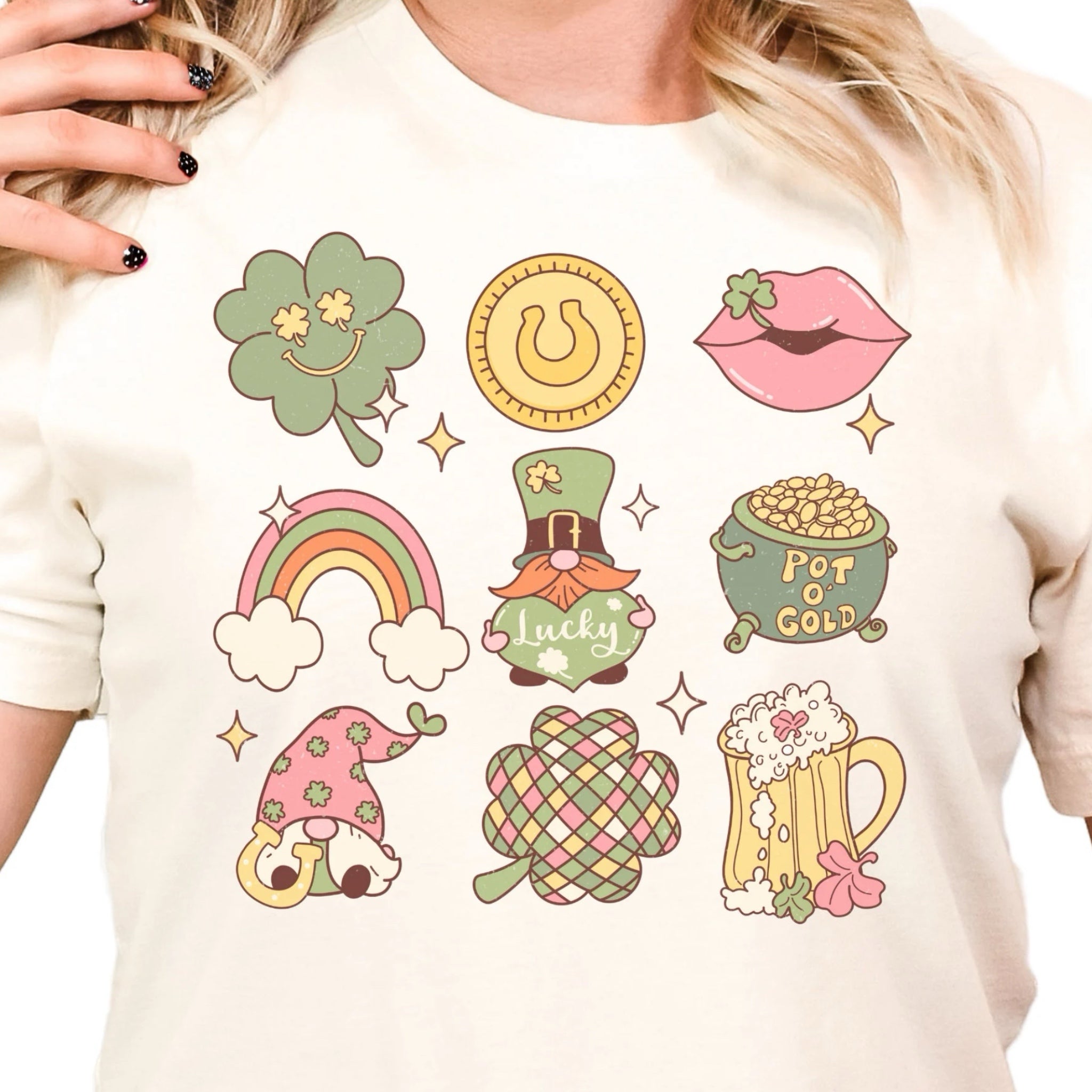 ST PATRICKS Shirt Gnome Lucky Retro Graphic Tee Trendy Boho in Cream