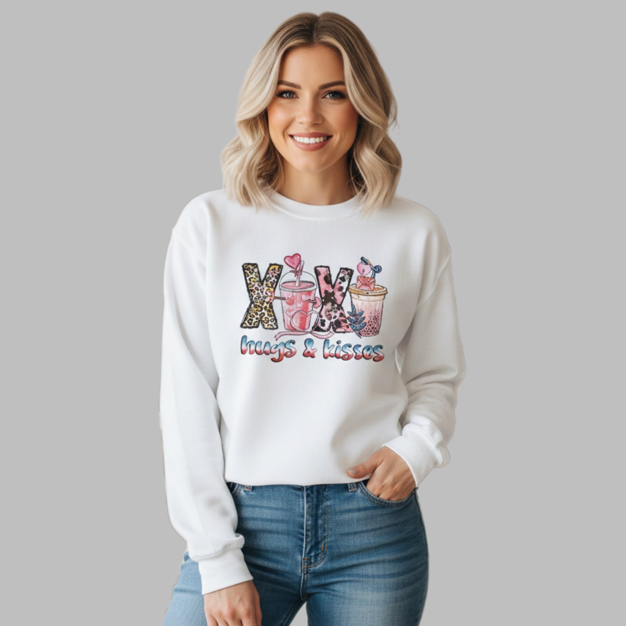 HUGS & KISSES Adult Sweatshirt Coffee Love Graphic Hearts White