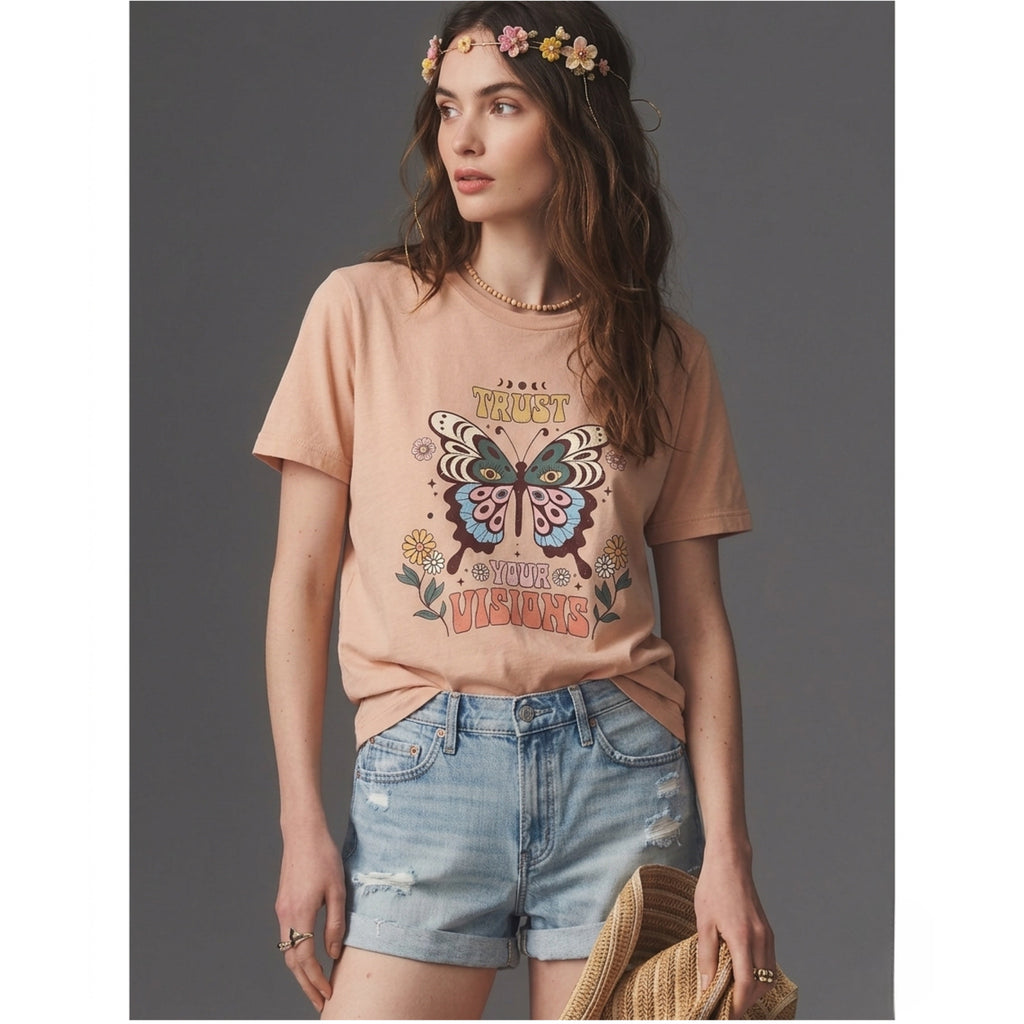 Boho Butterfly Graphic Tee Trust Your Visions Vintage Style Pink Cotton- GILDAN