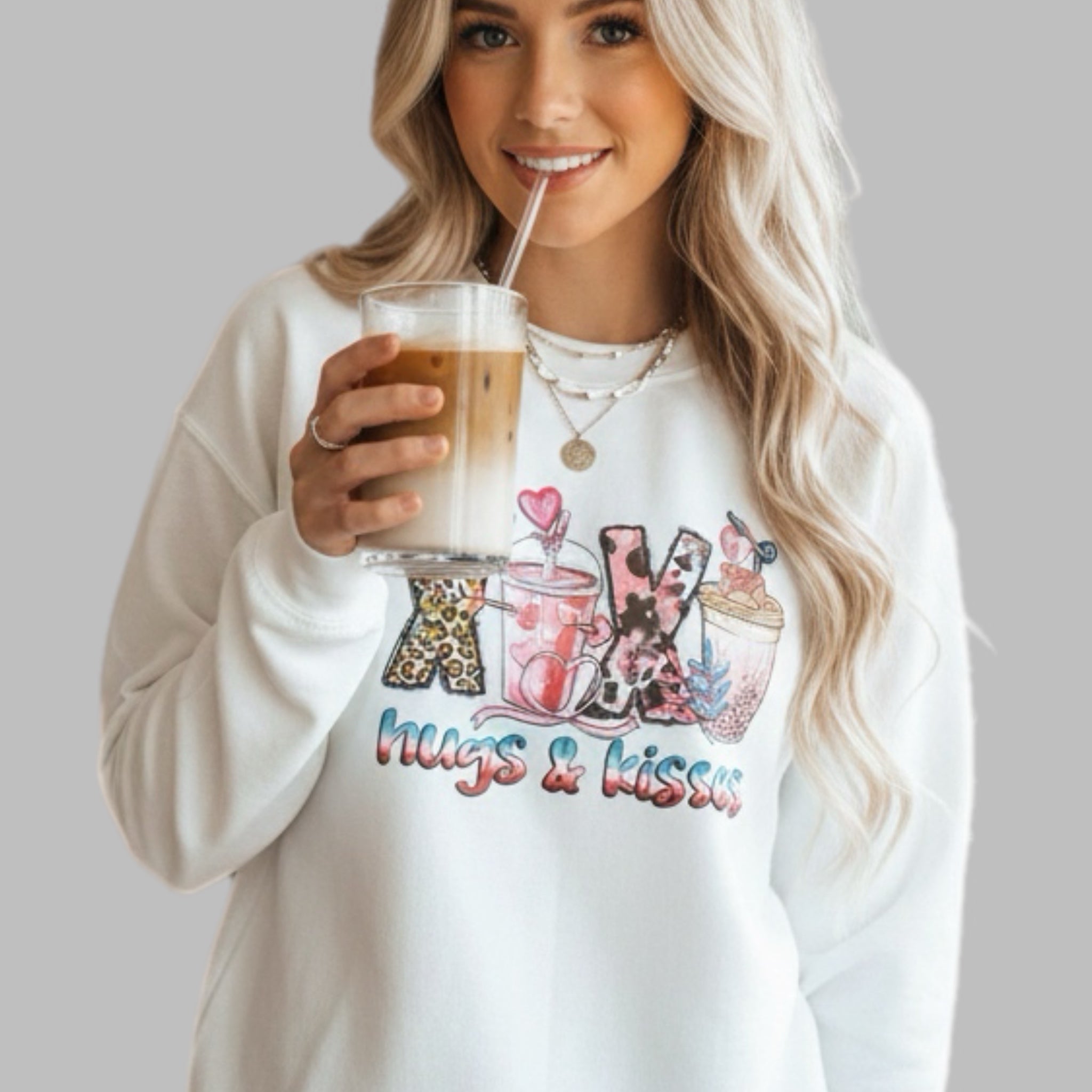 HUGS & KISSES Adult Sweatshirt Coffee Love Graphic Hearts White