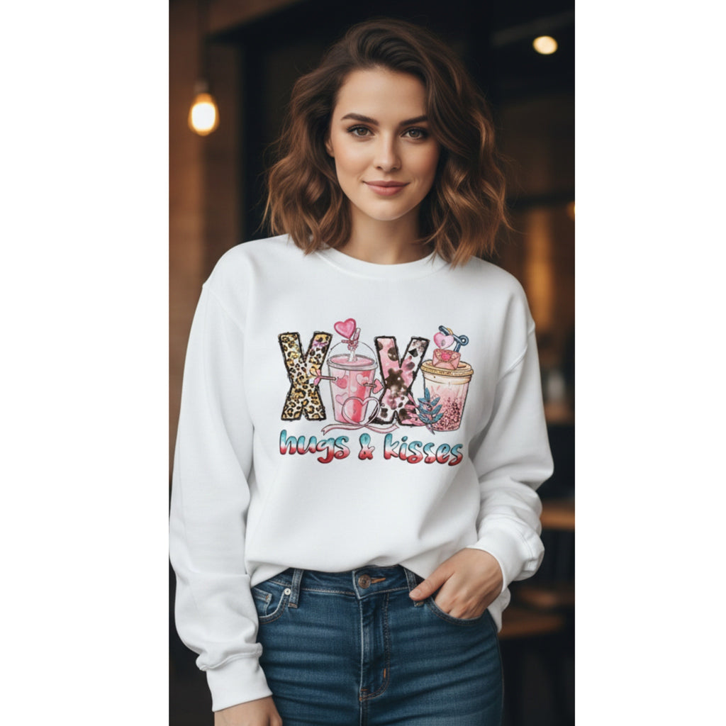 HUGS & KISSES Adult Sweatshirt Coffee Love Graphic Hearts White