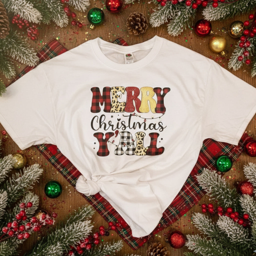 Merry Christmas Y'all Leopard Print Graphic White Oversized Cotton T Shirt