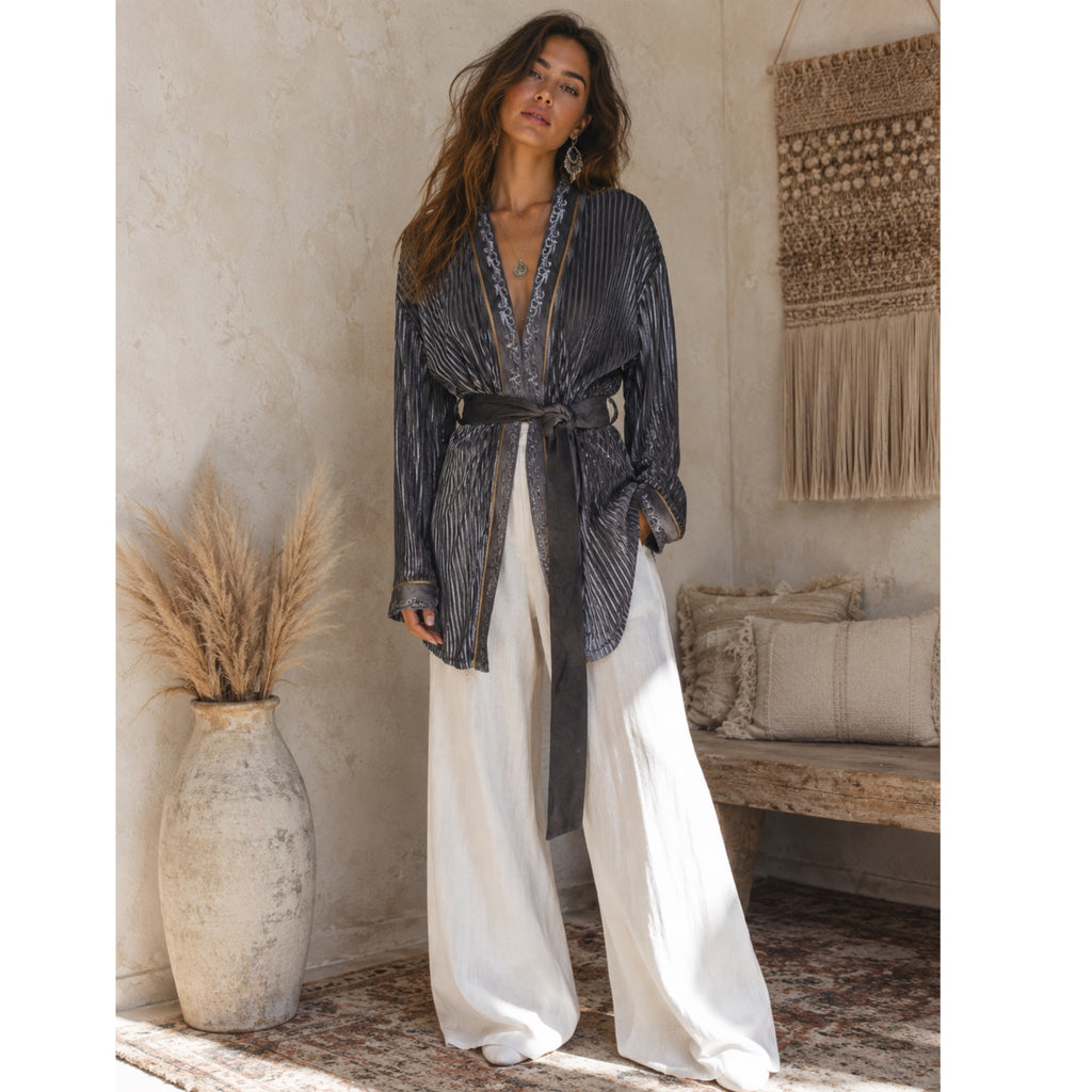 POL Silver Gray Embroidered Pleated Kimono-Robe